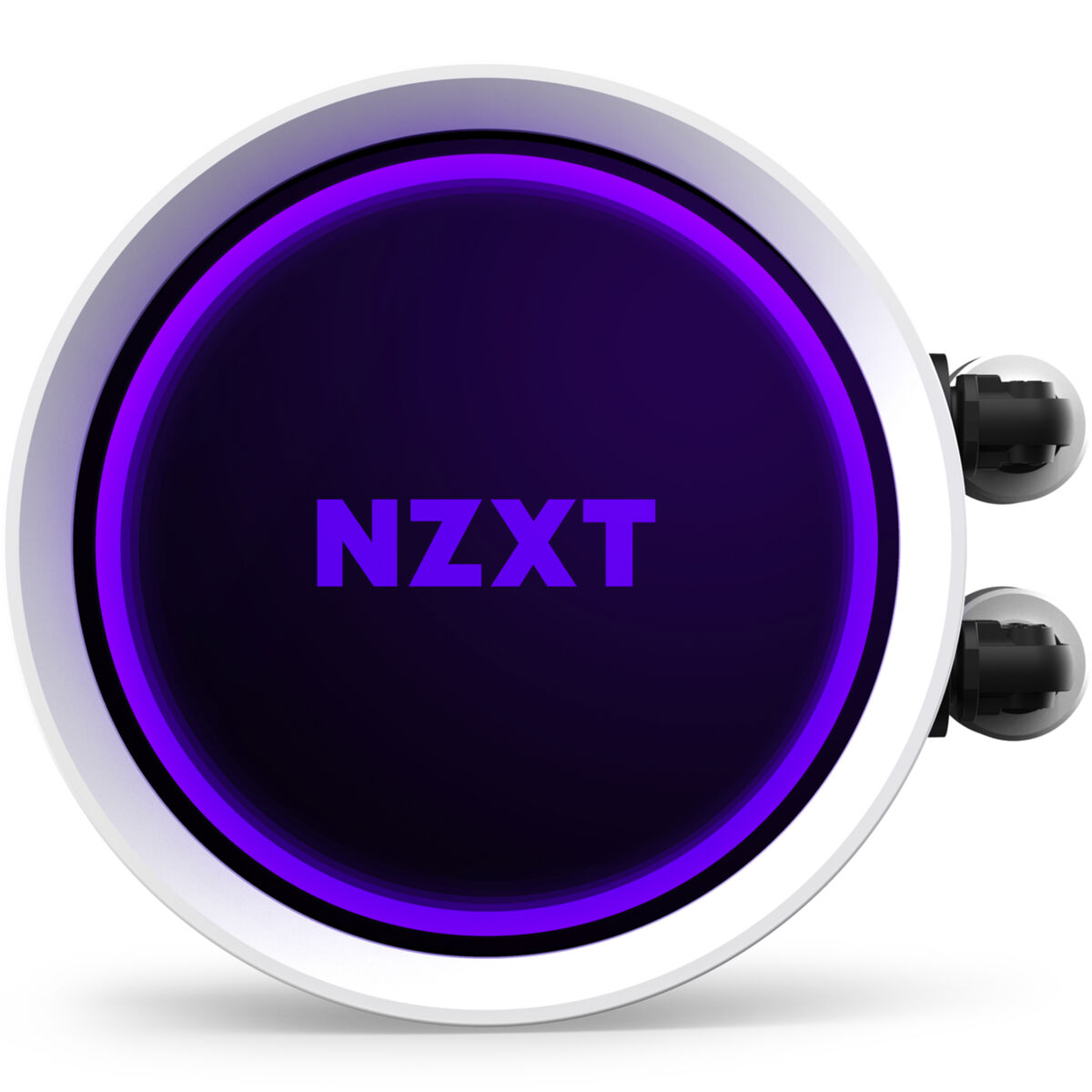 Chłodnica CPU NZXT o okrągłym kształcie, fioletowe oświetlenie i biała ramka. Białe tło.