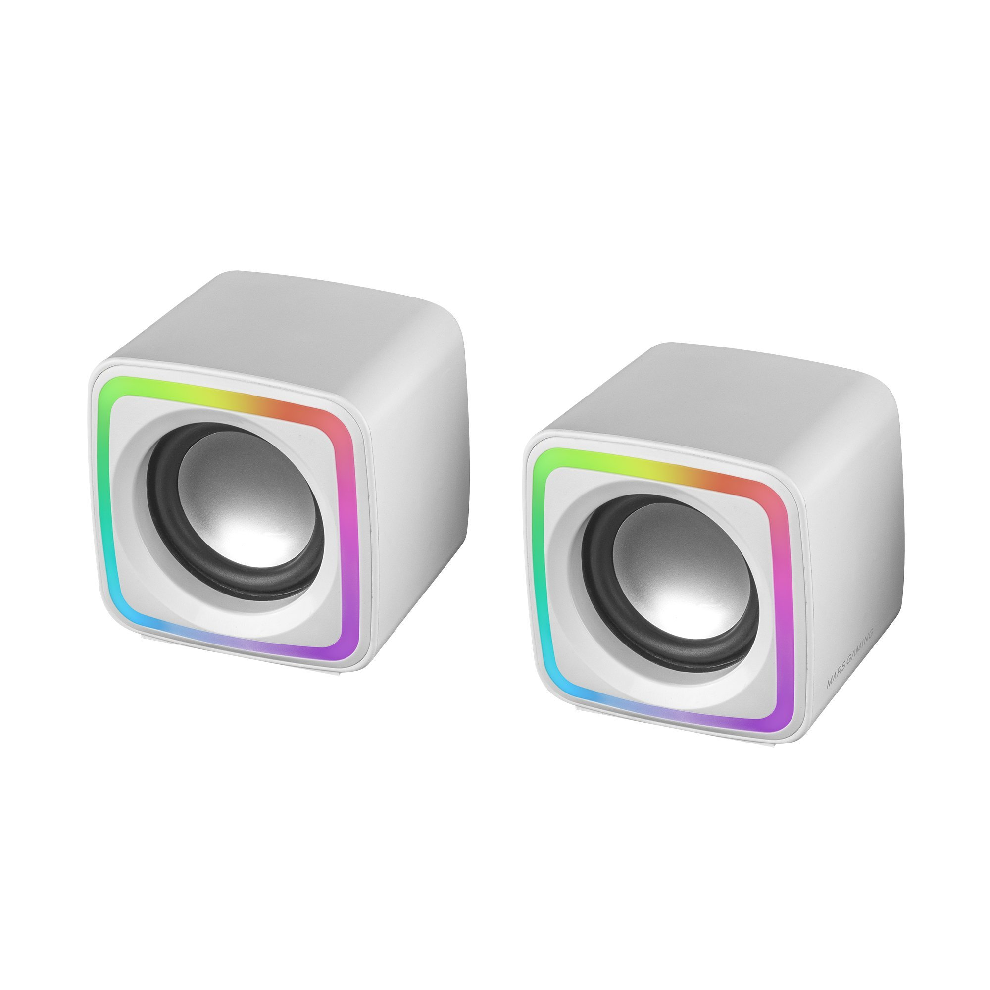 Dos altavoces blancos con luces LED de colores alrededor de los bordes. Tienen un altavoz redondeado.