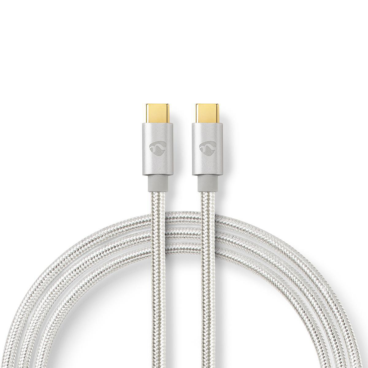 Due cavi USB-C argentati con connettori dorati.