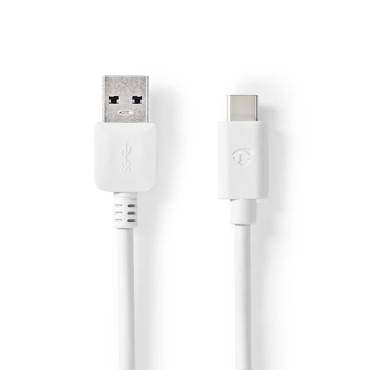 White USB cable with USB-A and USB-C connectors. Cable is white with white connectors.