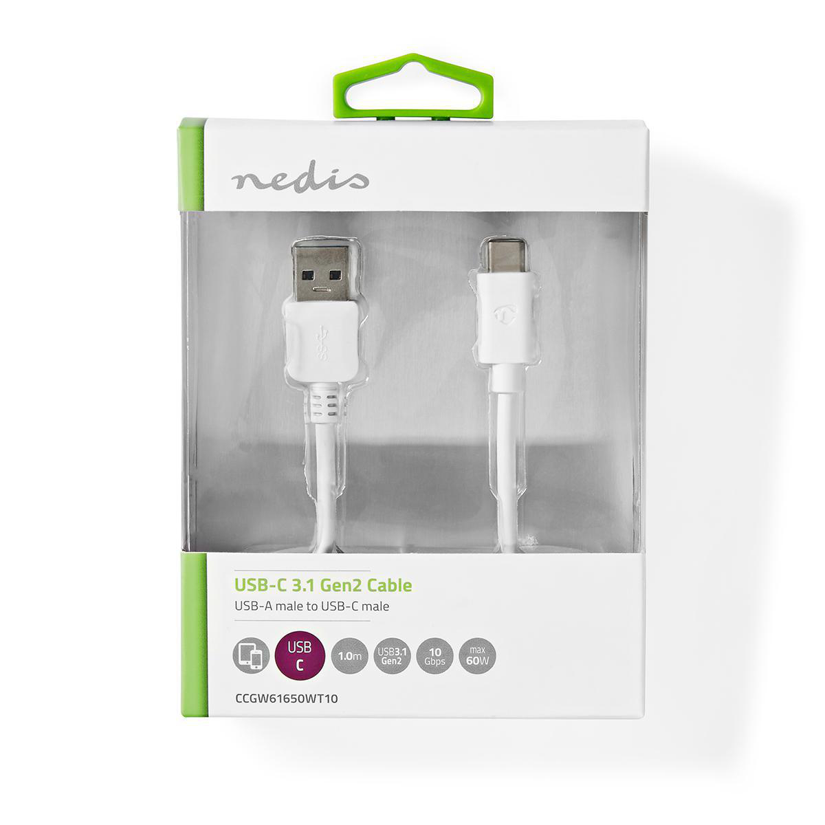 White USB-C cable in a box. The box has green and white colors.