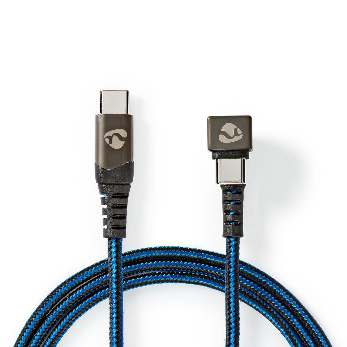Cavo USB-C con design intrecciato blu e nero, due connettori su sfondo bianco.