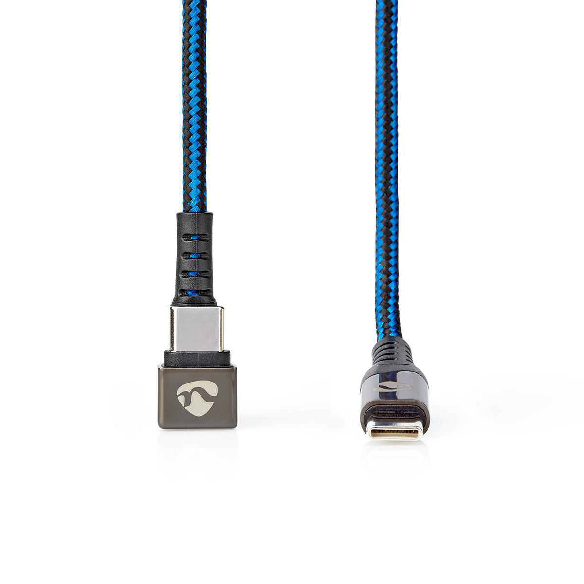 Un cavo USB-C nero e blu con due connettori.