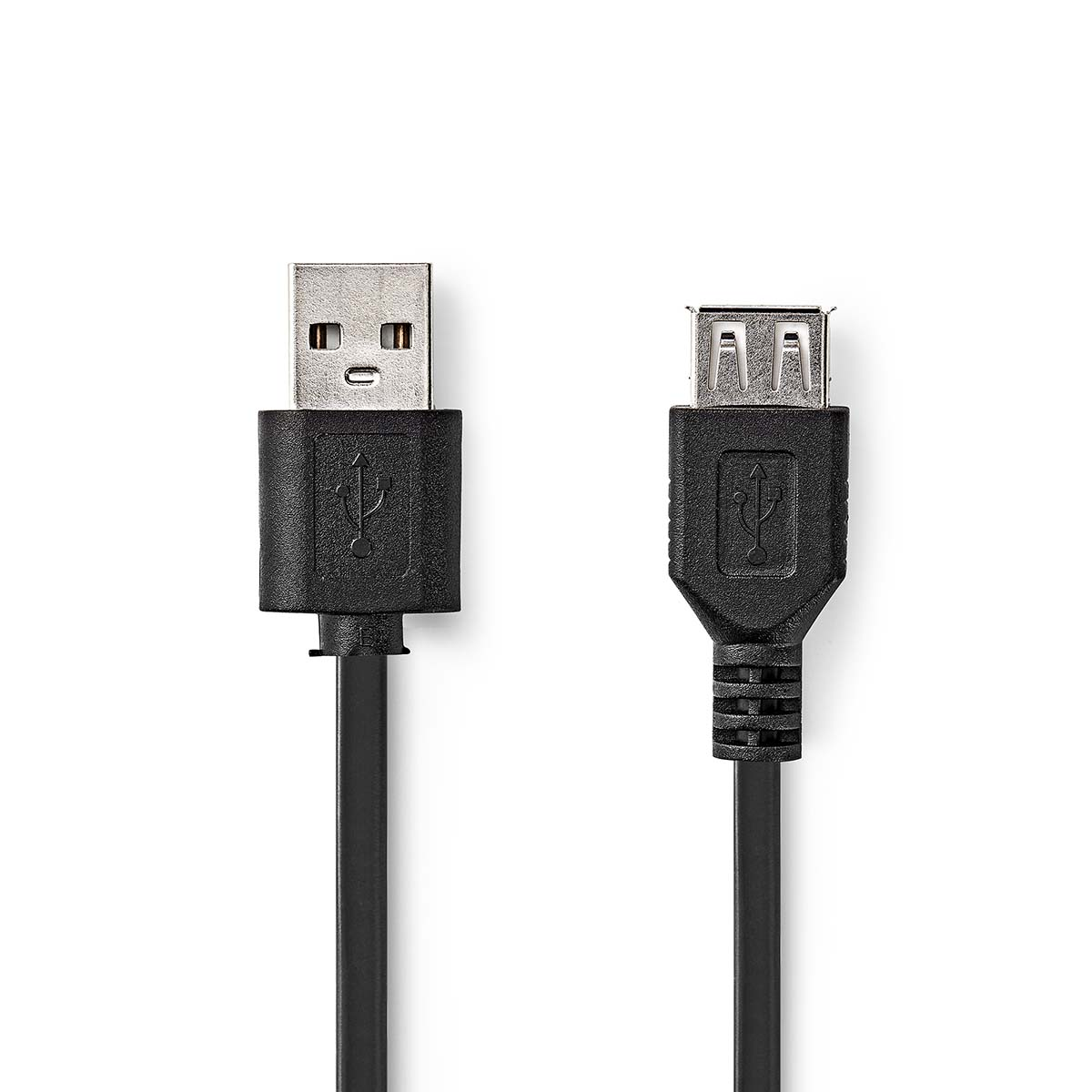 Schwarzes USB-zu-USB-Kabel auf weißem Hintergrund, Nahaufnahme.