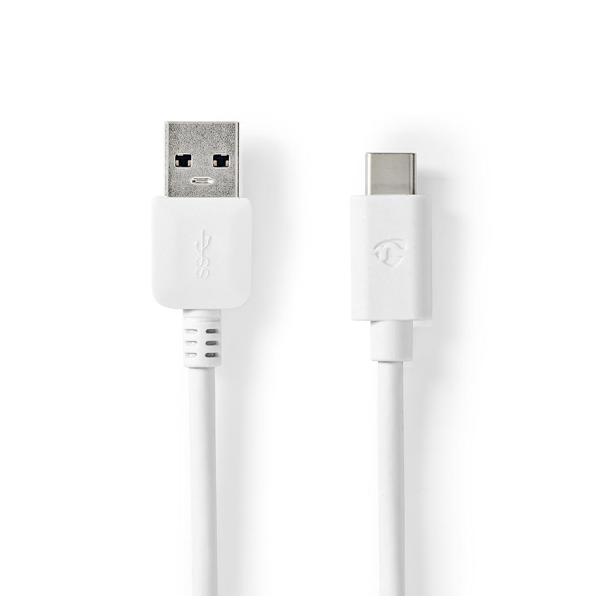 A white USB to USB-C cable, on a white background.