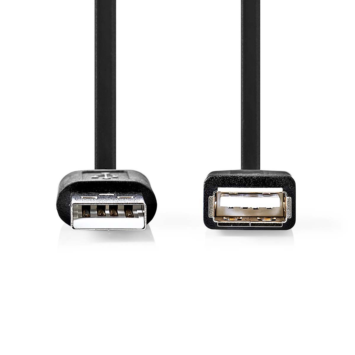 Schwarzes USB-Kabel mit USB-A-Anschlüssen an beiden Enden. Die Anschlüsse sind rechteckig.