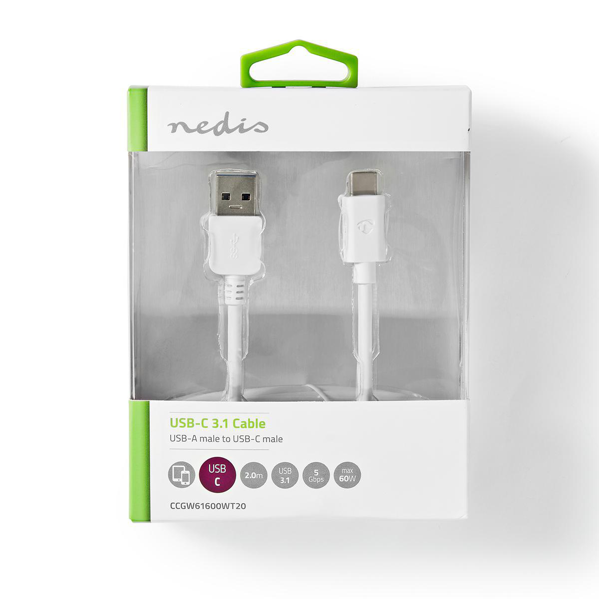 White USB-C cable in a transparent box. The box has a green handle and white and green labels.