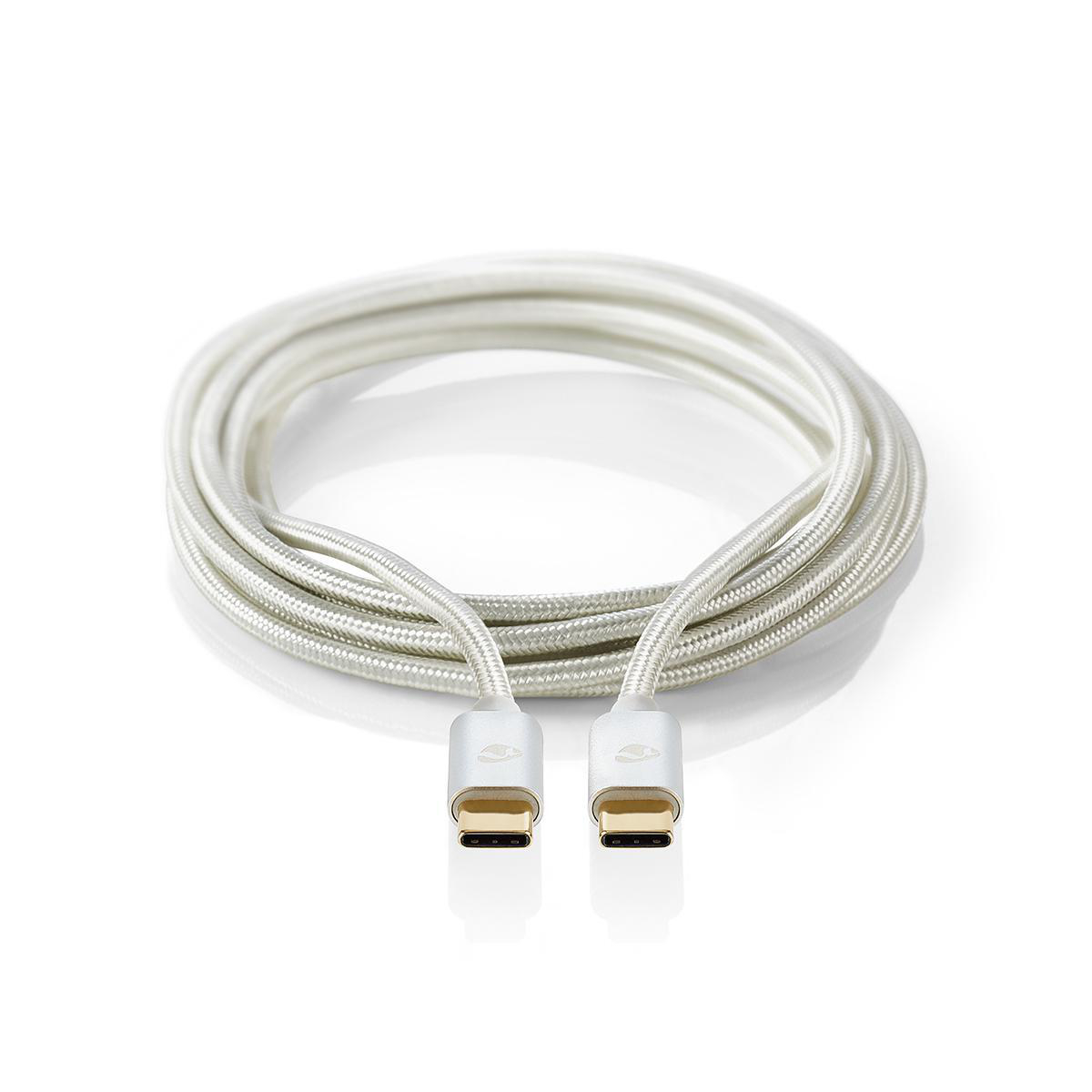 Cavo USB-C intrecciato bianco con due connettori, su una superficie bianca.