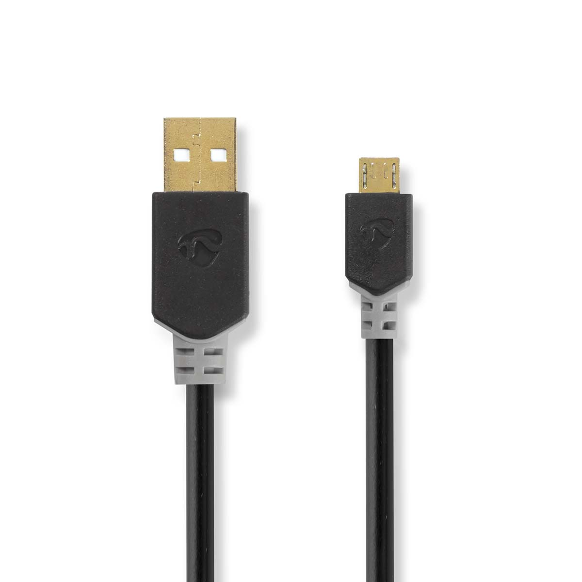 Zwart-gouden USB naar Micro USB-kabel, op witte achtergrond.