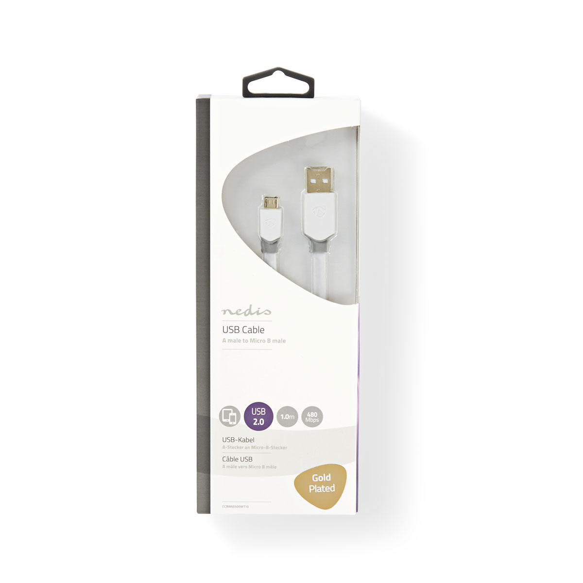 Un cavo USB bianco in una scatola bianca e nera, con la scritta 'nedis USB Cable'.