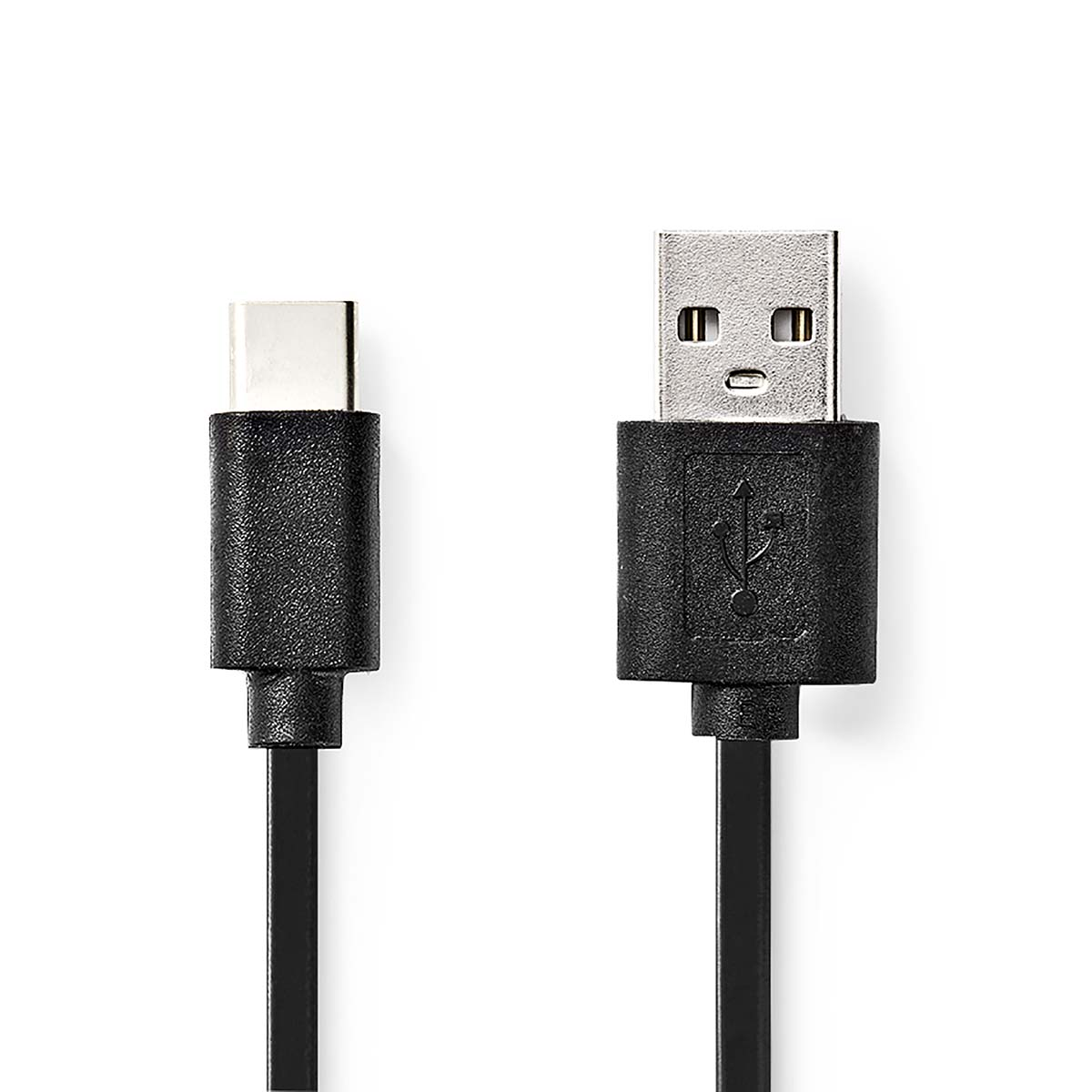 Black USB cable with two connectors, one USB-C and one USB-A. White background.