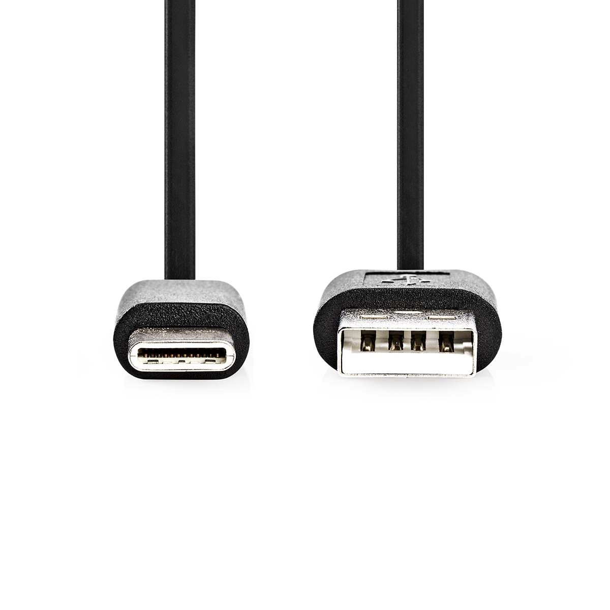 USB-C to USB-A cable. USB-C on the left, USB-A on the right. Black cable.