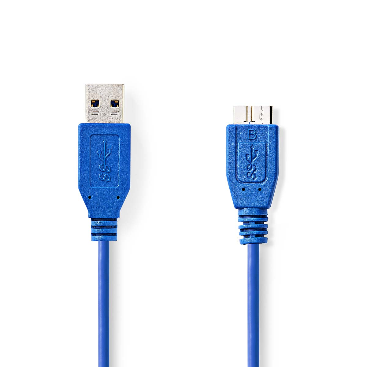 Un cavo USB 3.0 blu. Un'estremità è USB-A, l'altra USB-B, entrambe blu.