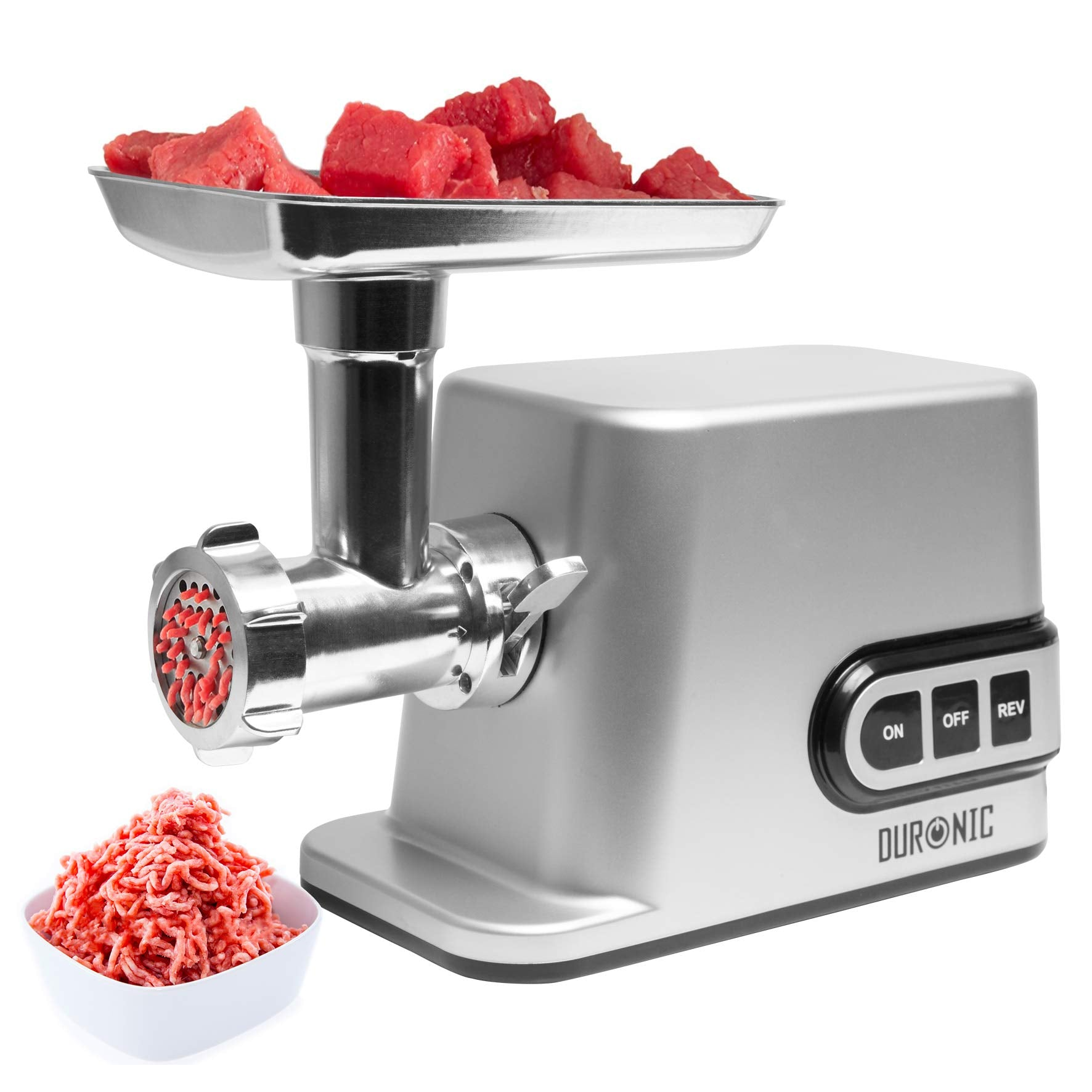 Picadora de carne - Acero inoxidable - 3 placas de corte, Accesorios para preparar salchichas, albóndigas, hamburguesas DURONIC, 3000W, Gris