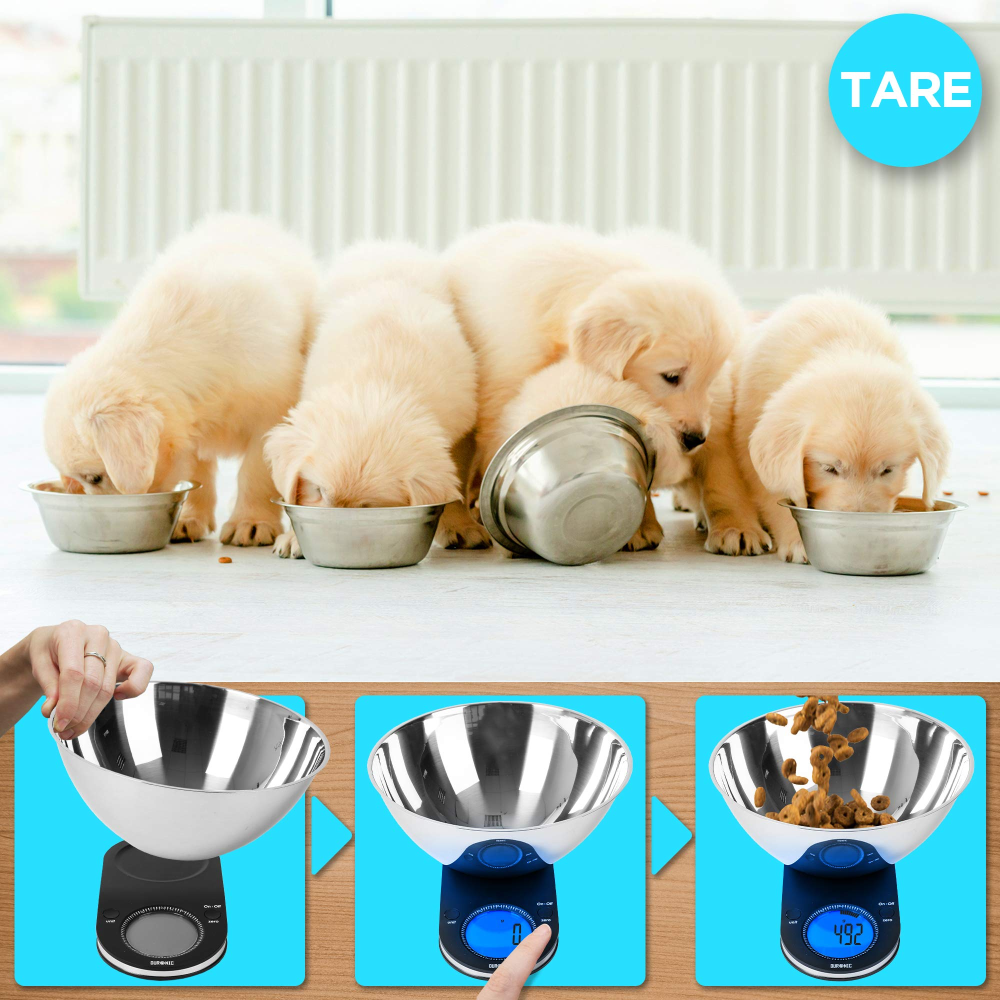 Vier Golden Retriever Welpen essen aus Schüsseln, Messwaage und Schüssel mit Futter.