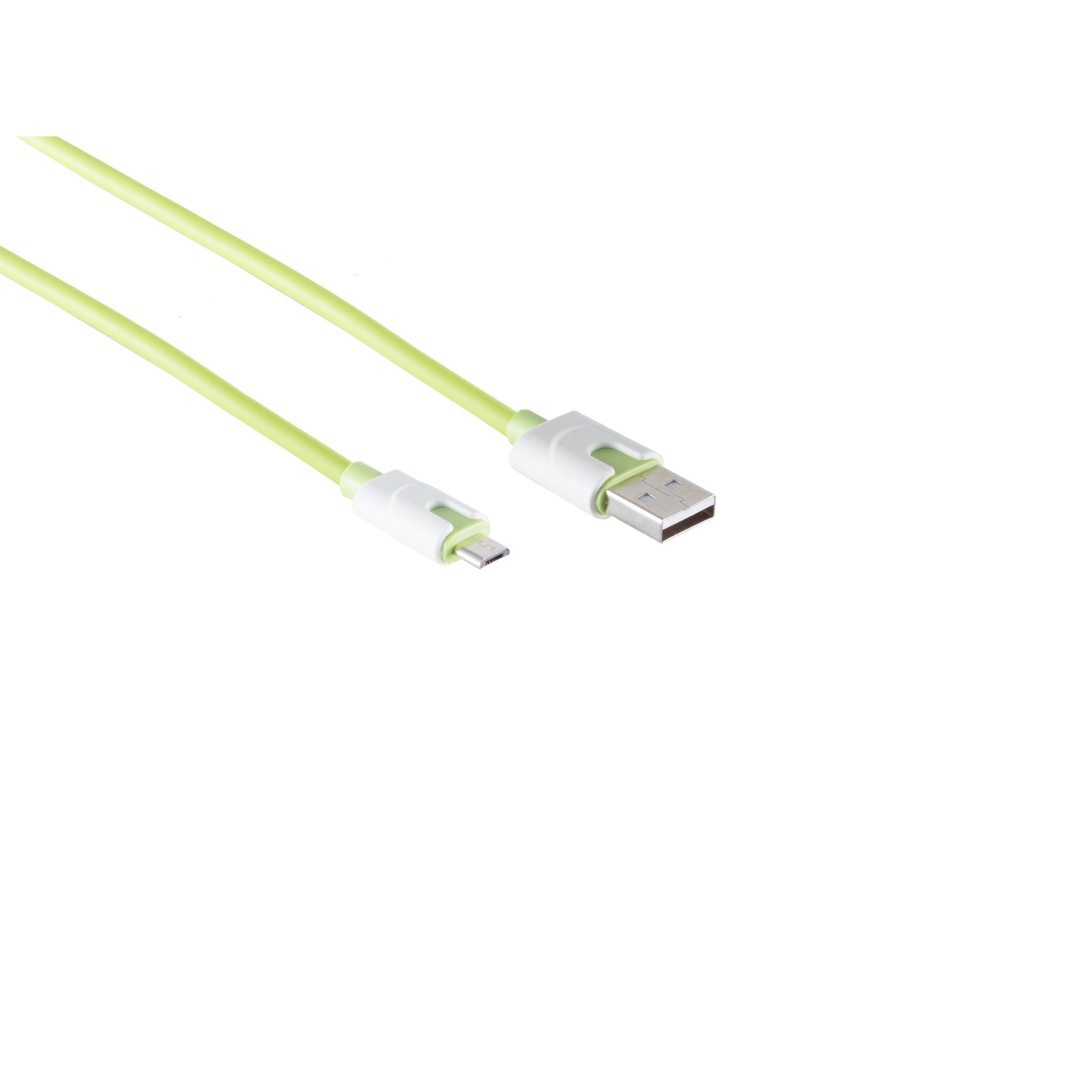 Ein hellgrünes USB-Kabel mit einem USB-A- und einem Micro-USB-Anschluss auf weißem Hintergrund.