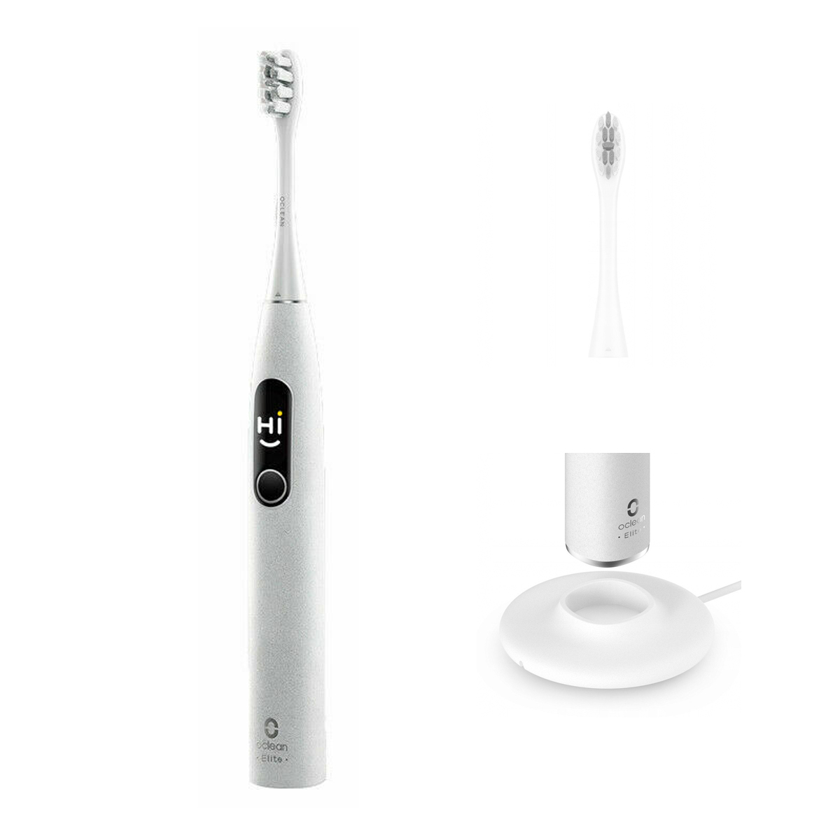 Elektryczna szczoteczka do zębów i stacja ładująca. Białe tło.