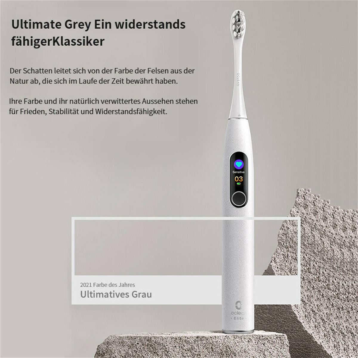 Biała elektryczna szczoteczka do zębów z cyfrowym wyświetlaczem i białym tłem.