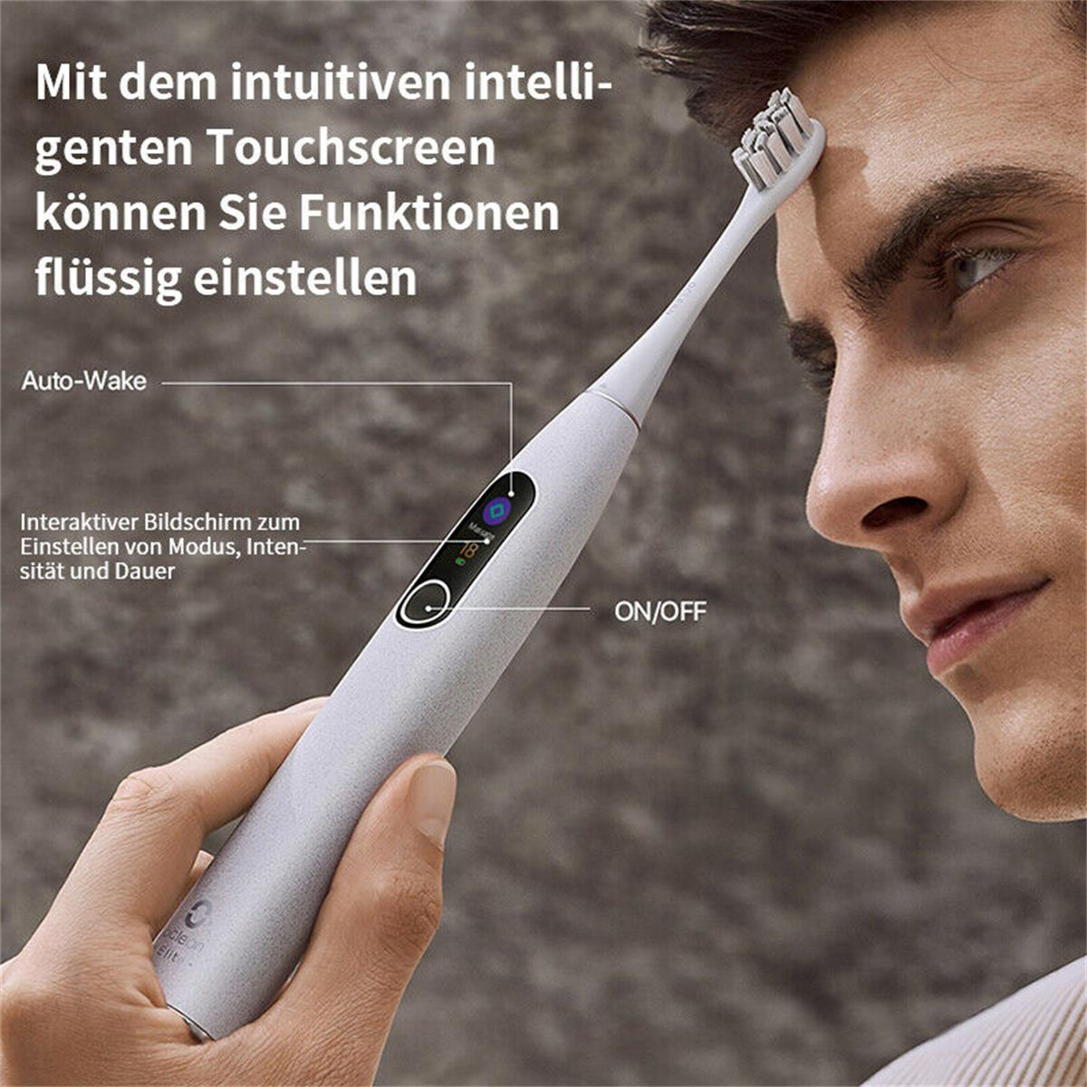 Mężczyzna używa białej elektrycznej szczoteczki do zębów. Tekst pokazuje funkcje.