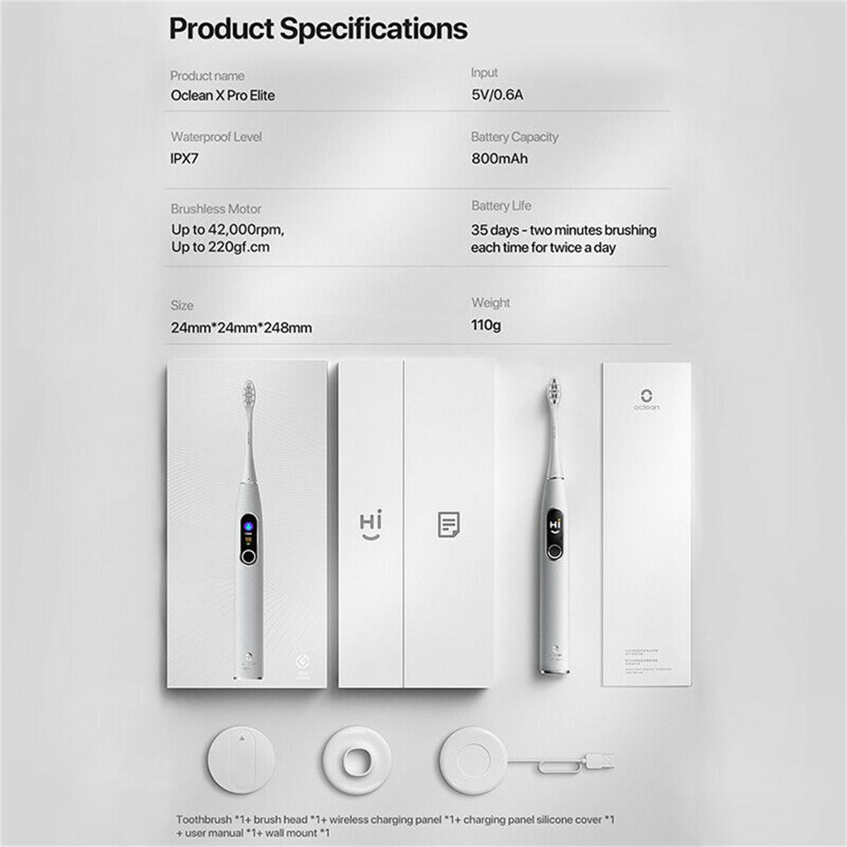 Produktspezifikationen auf weißem Hintergrund. Zahnbürste, Ladepanel und Zubehör.