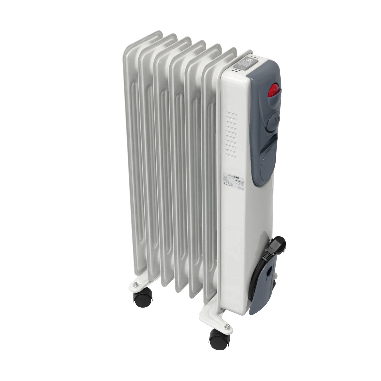 Ein weiß-grauer Ölradiator steht vor weißem Hintergrund, mit Rädern und Netzkabel.