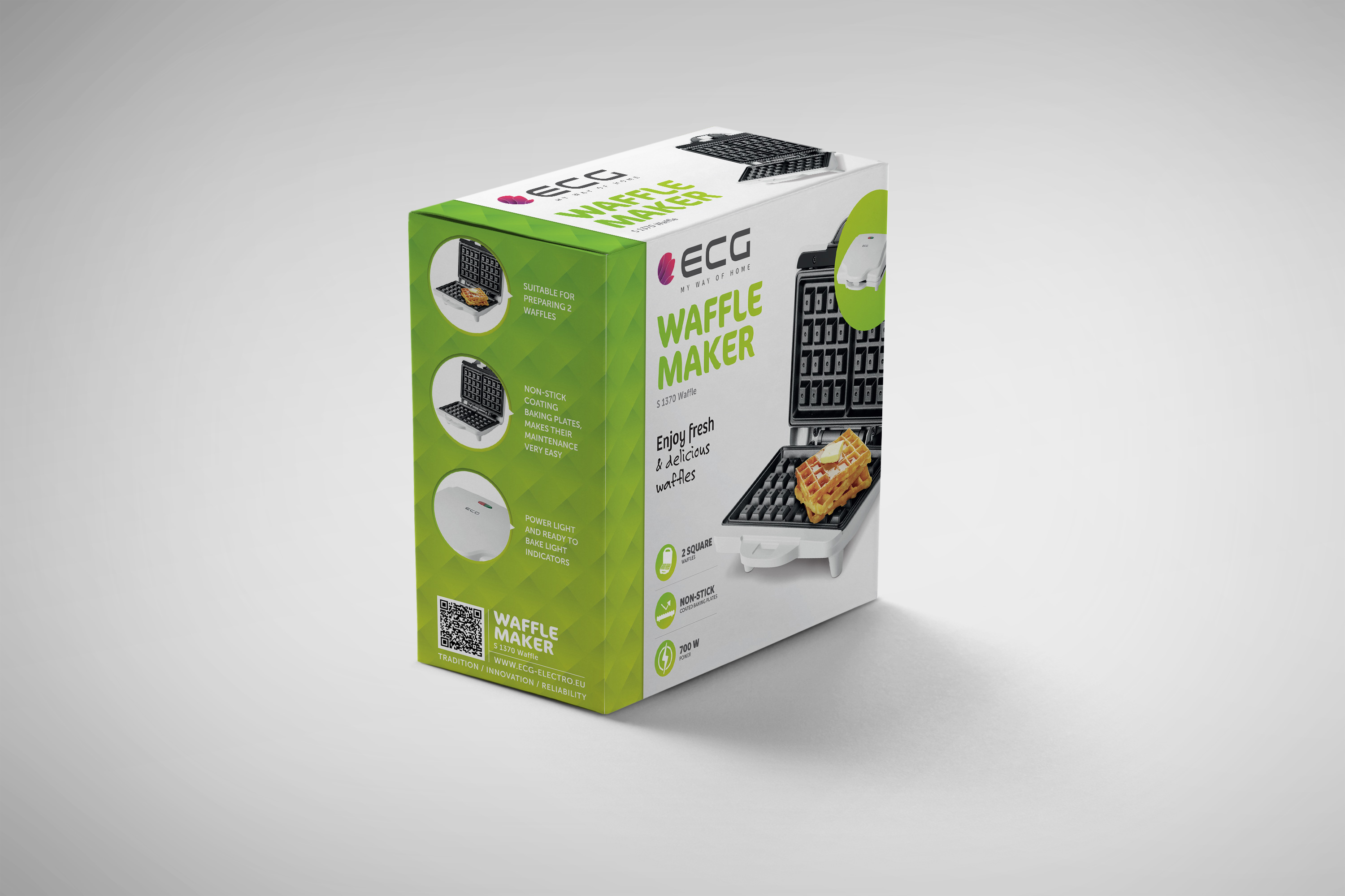 Waffeleisen-Box mit Waffelbild und Text: ECG WAFFLE MAKER. Geeignet für 2 Waffeln.