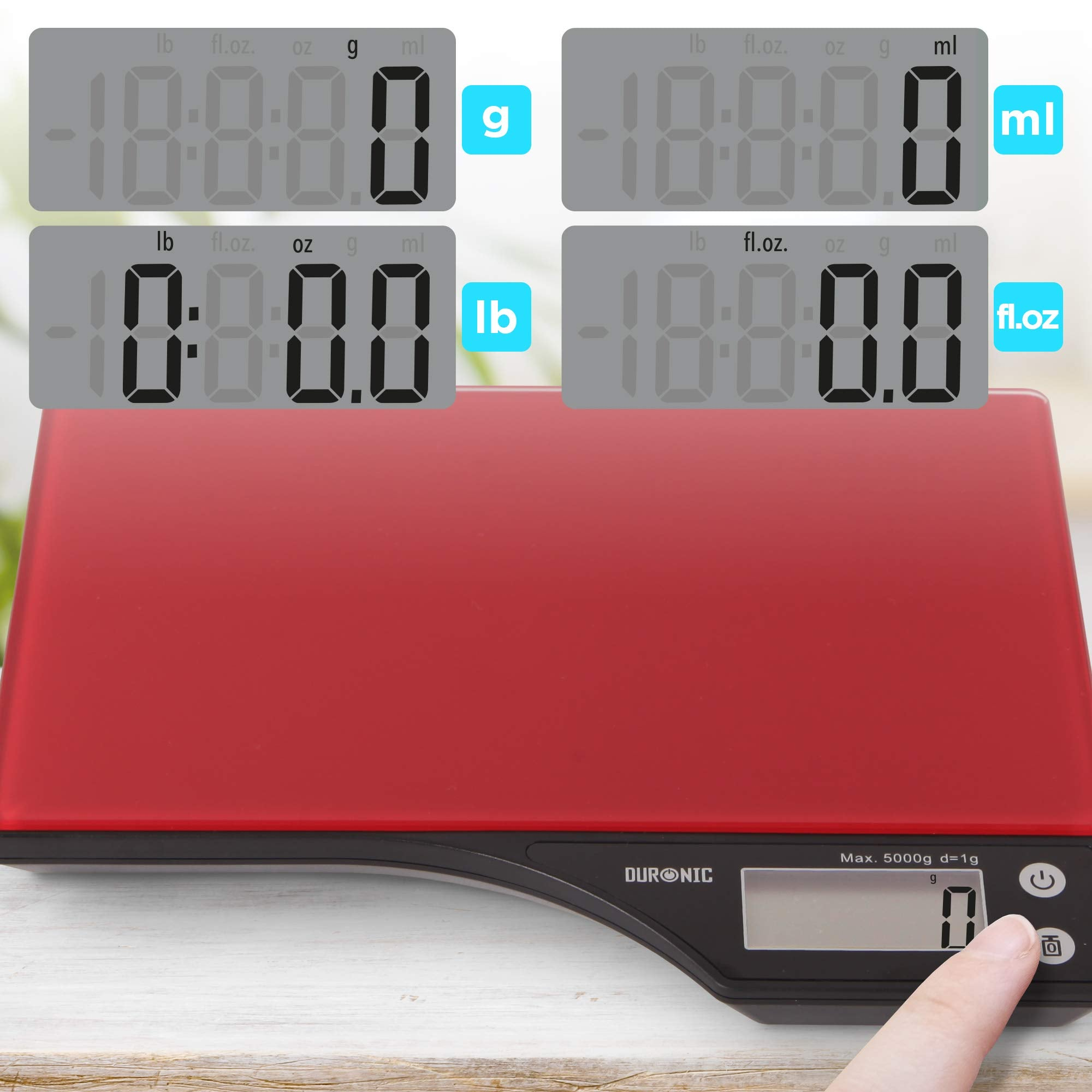 Una báscula roja con pantallas digitales que muestran medidas en lb, fl.oz, oz, g y ml.