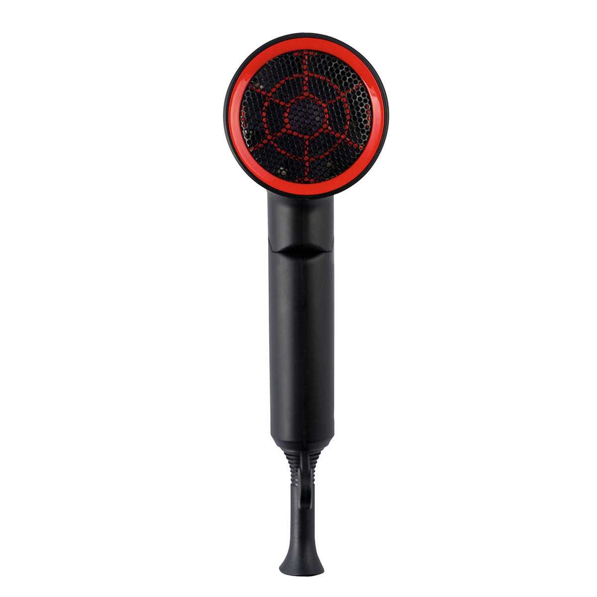 Un asciugacapelli nero e rosso con filtro a nido d'ape.
