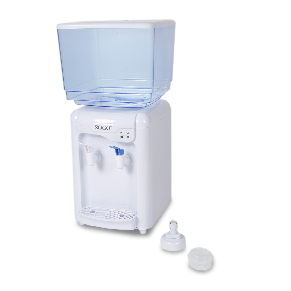 Dispensador de agua SOGO blanco con depósito azul, dos grifos y una tapa de botella de agua.