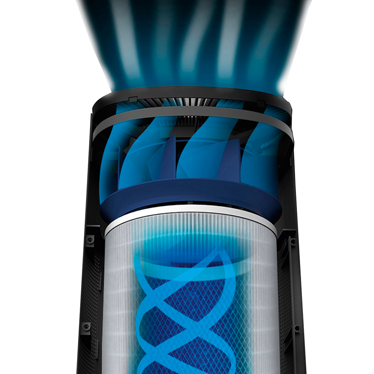 Un purificador de aire, vista en corte, que muestra componentes internos: aspas azules y filtro con diseño azul.
