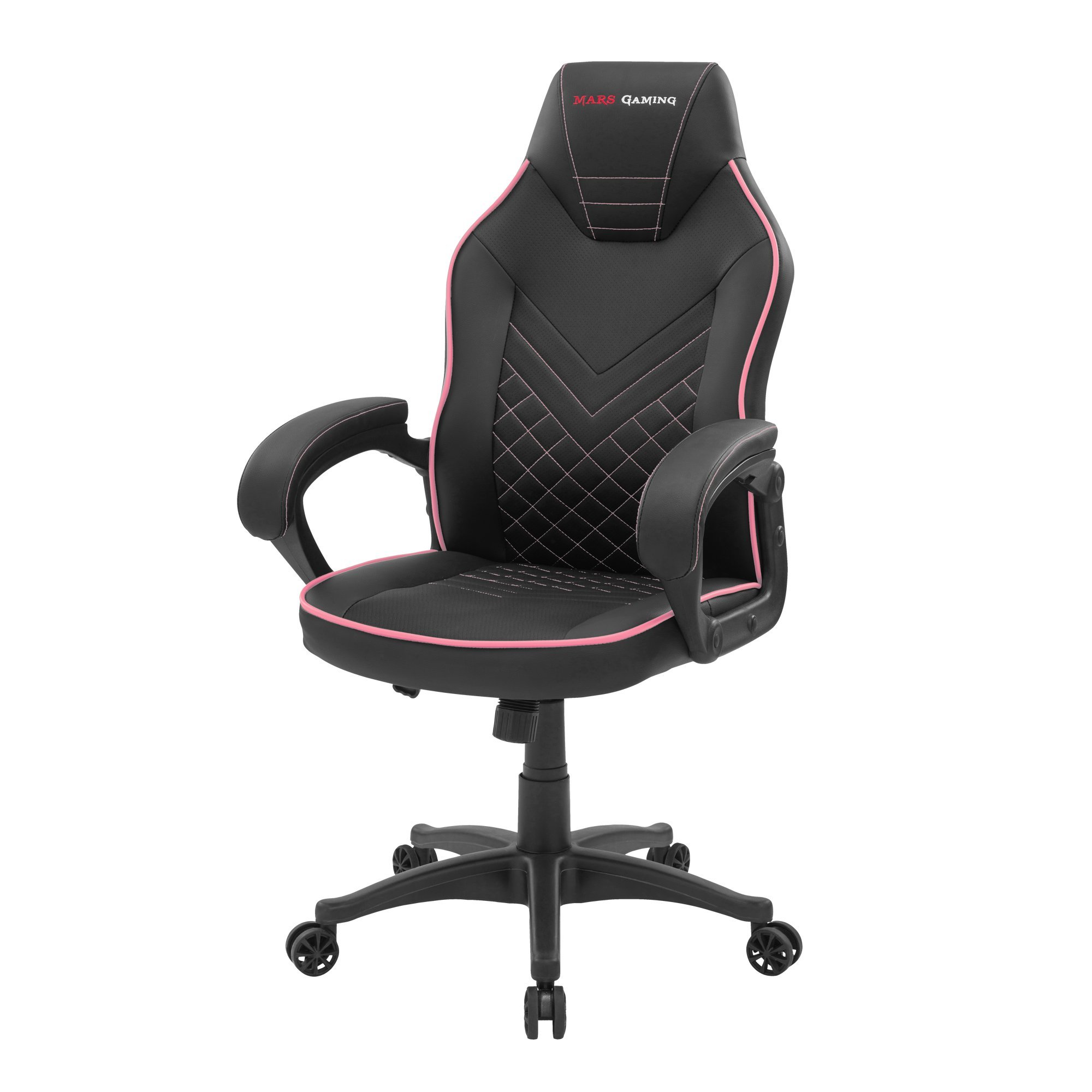 Silla gaming negra con detalles rosas y respaldo acolchado en forma de diamante. La marca está en el reposacabezas.