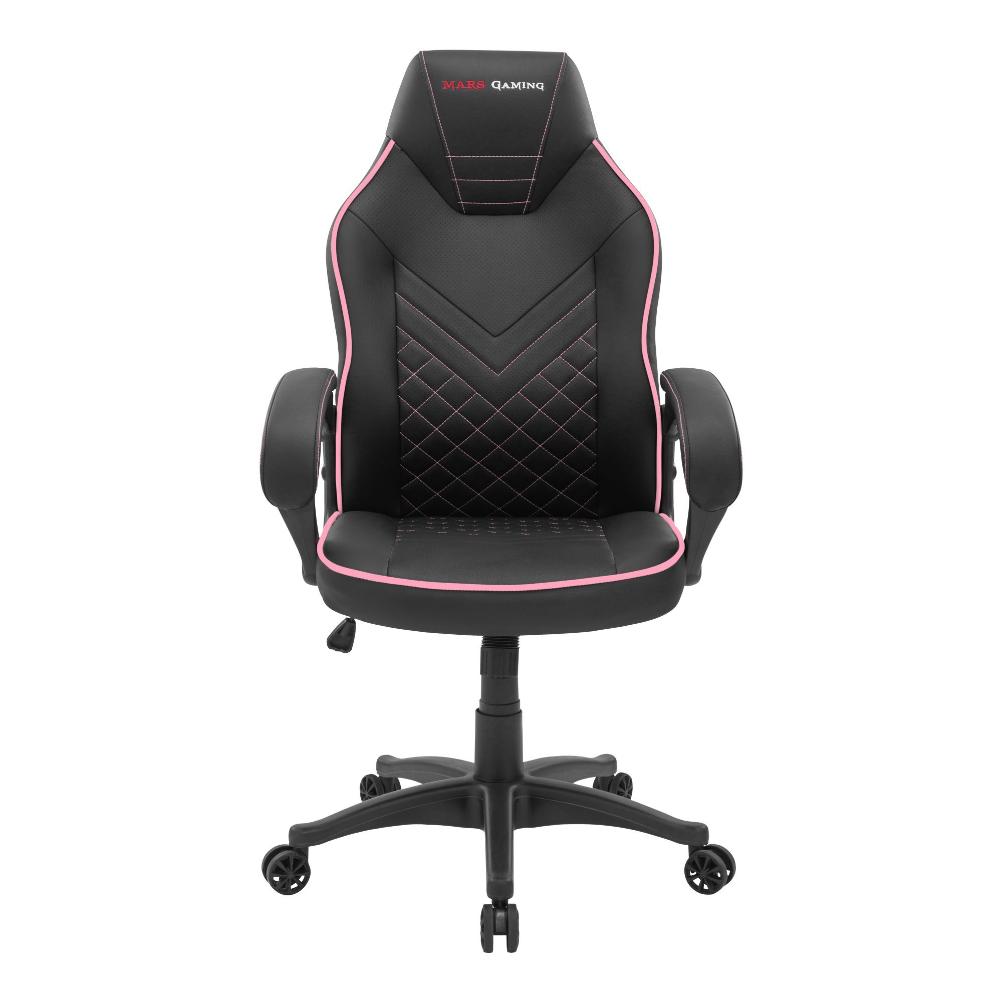 Silla gaming negra y rosa con el logo de MARS GAMING. Se ven costuras y detalles rosas.