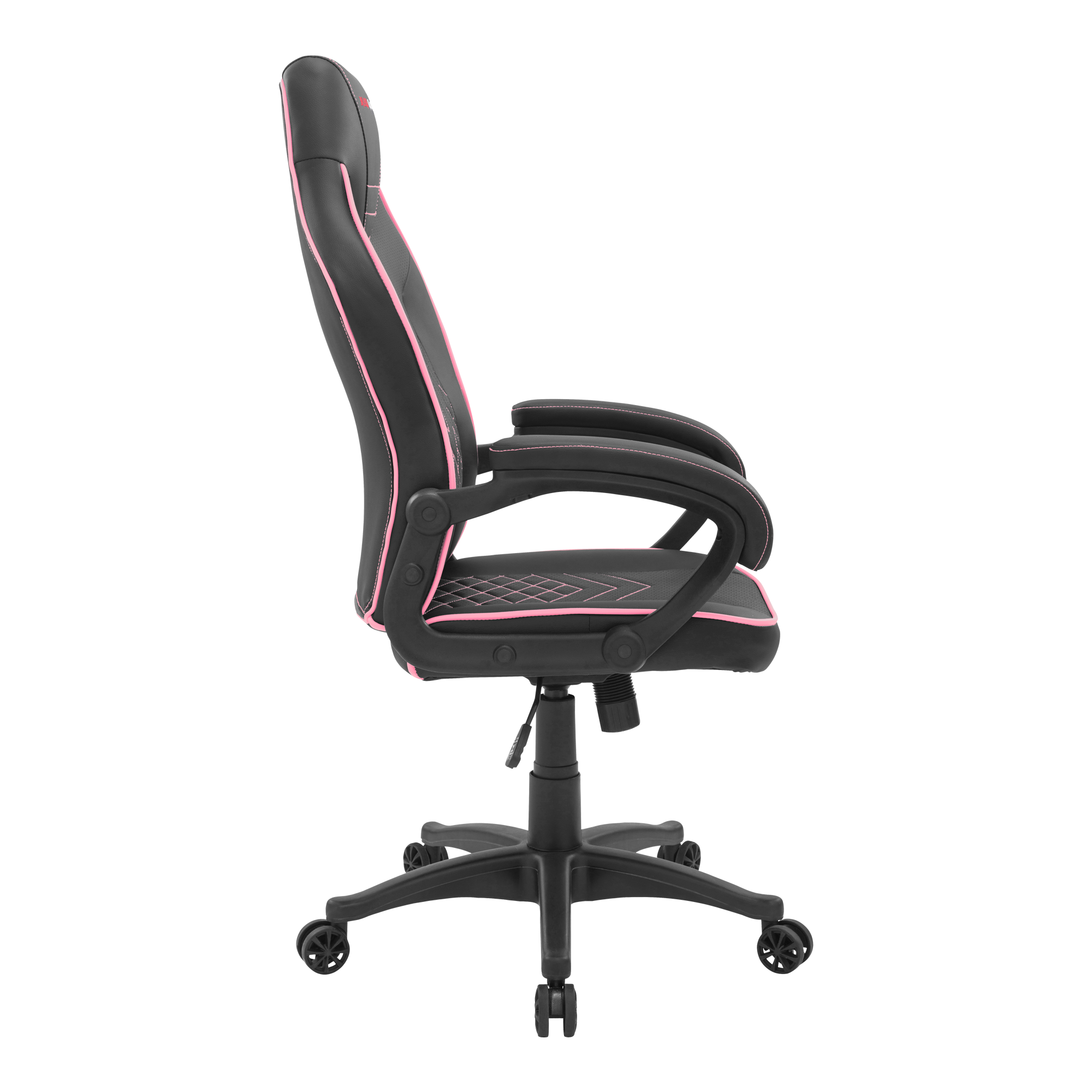 Vista de perfil de silla gaming. Negro con detalles rosas. Base negra con ruedas. Fondo negro.