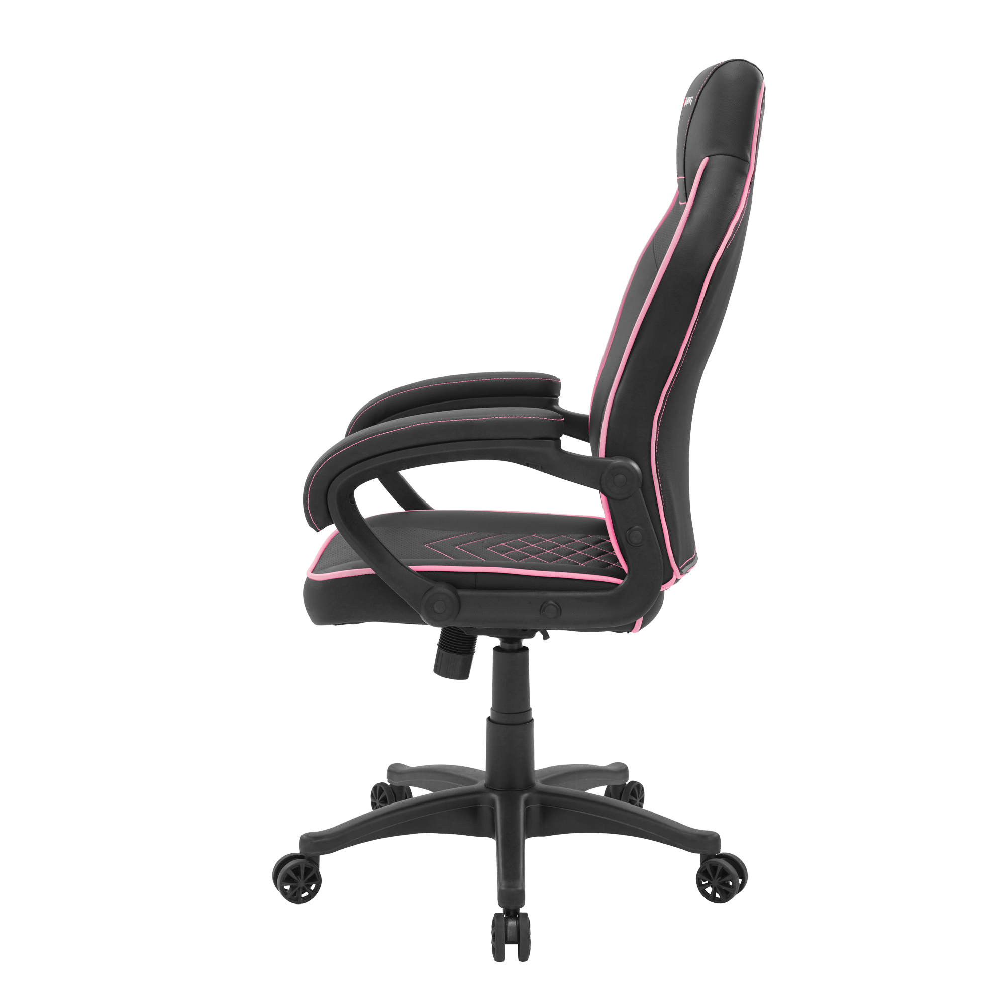 Silla gamer negra y rosa. Vista lateral muestra el diseño y los reposabrazos de la silla.