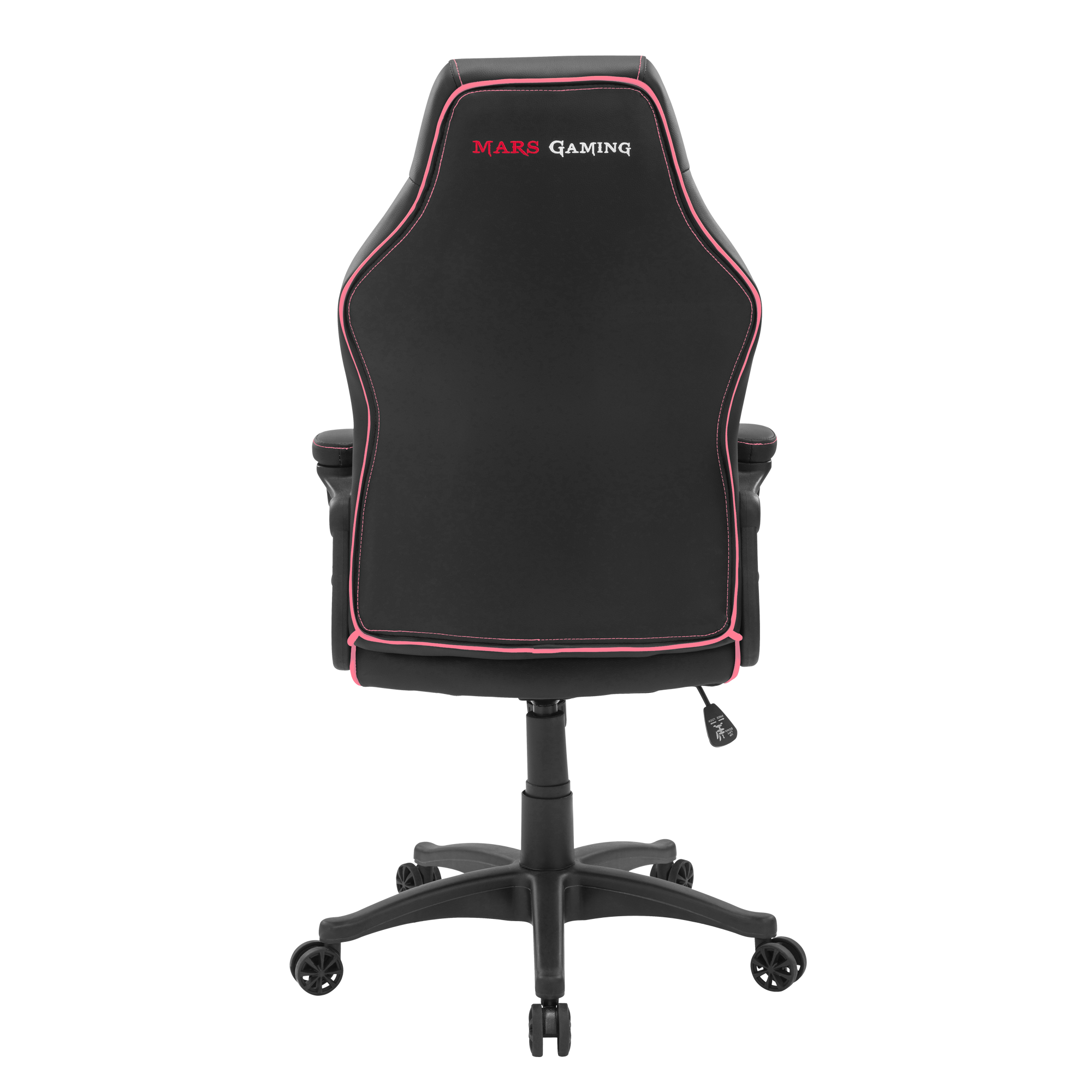 Silla gaming negra con detalles rojos y logo en el respaldo.