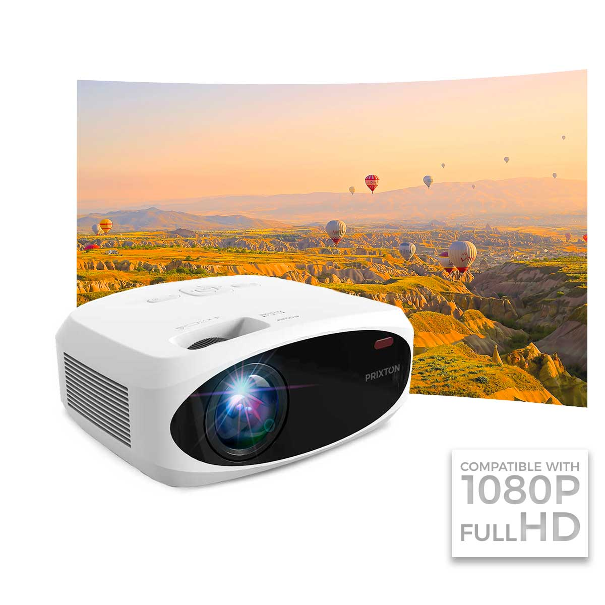 Biały projektor z ekranem pokazującym krajobraz z balonami na ogrzane powietrze. Tekst: 1080P Full HD.