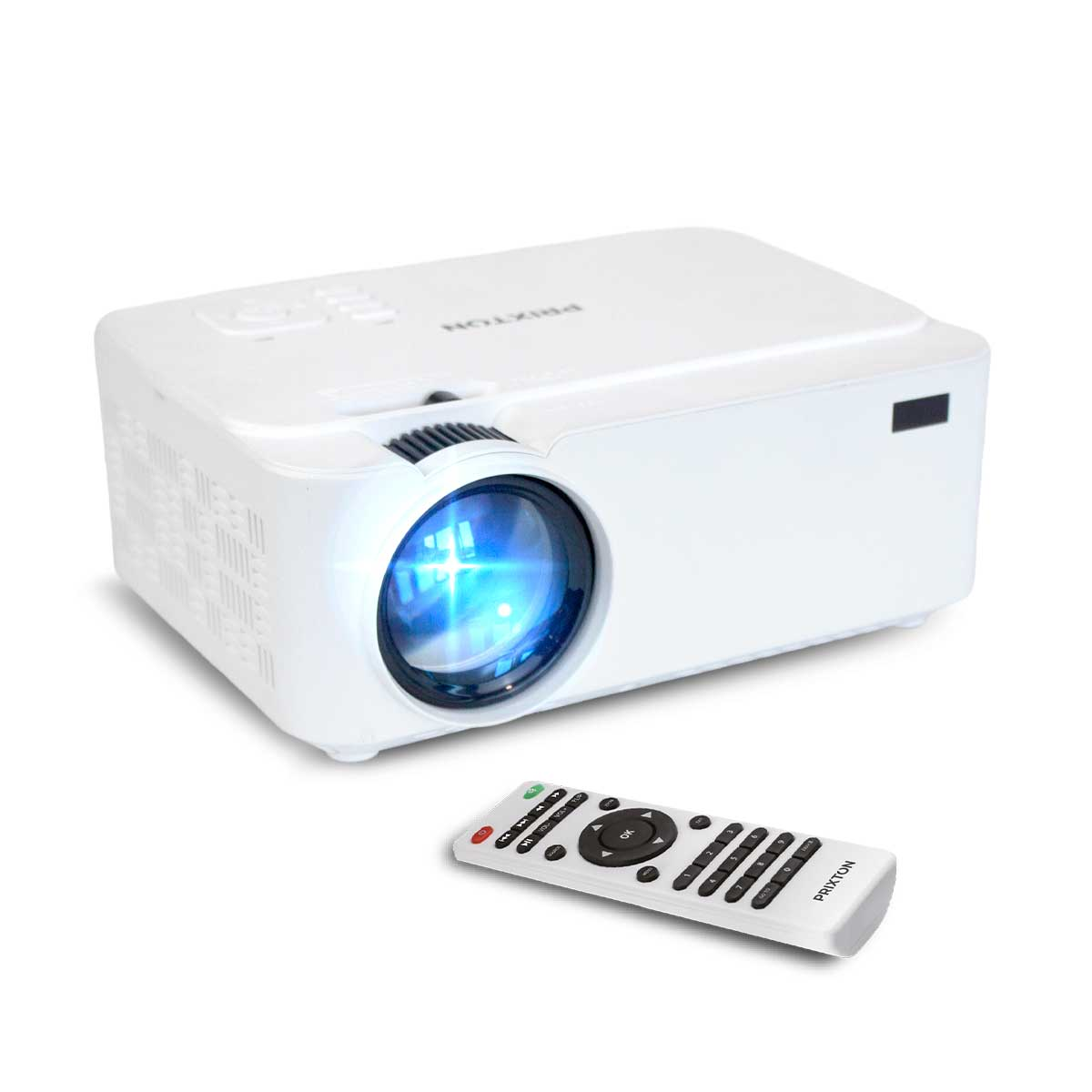 Proyector blanco con mando a distancia sobre una superficie blanca.