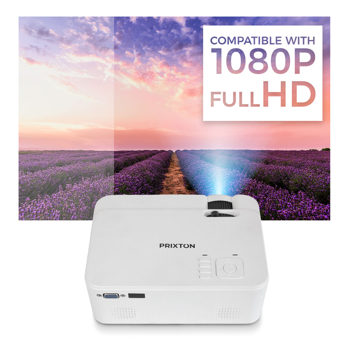 Biały projektor wyświetlający obraz pola lawendy.