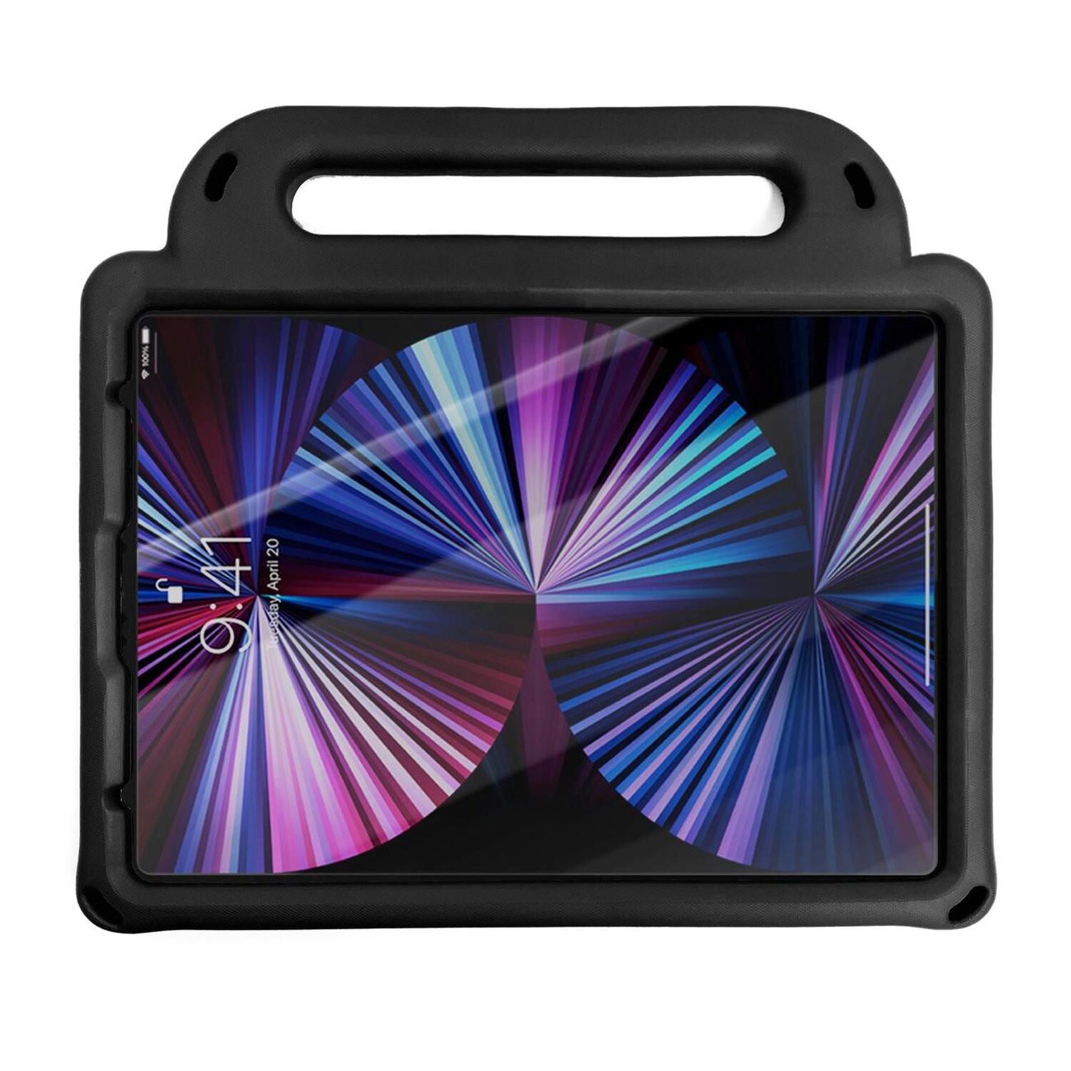 Ein schwarzes Tablet in einer schwarzen Schutzhülle mit Griff wird gezeigt.