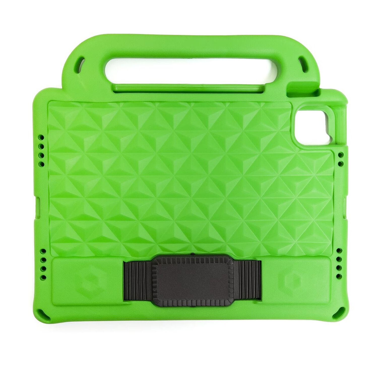 Hellgrüne Tablethülle mit Griff und Riemen. Strukturierte Oberfläche mit geometrischem Muster.