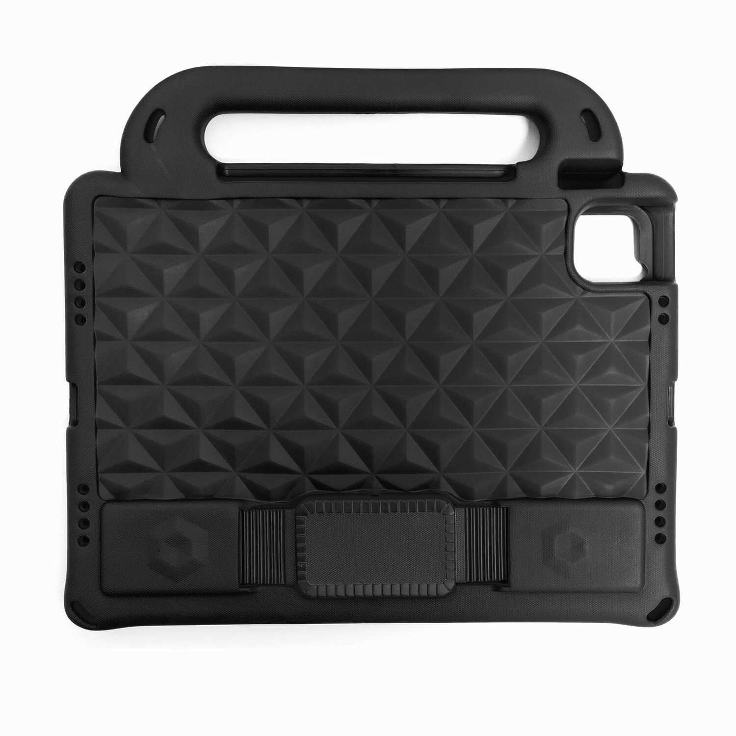Eine schwarze Tablet-Hülle mit Griff und geometrischem Muster.