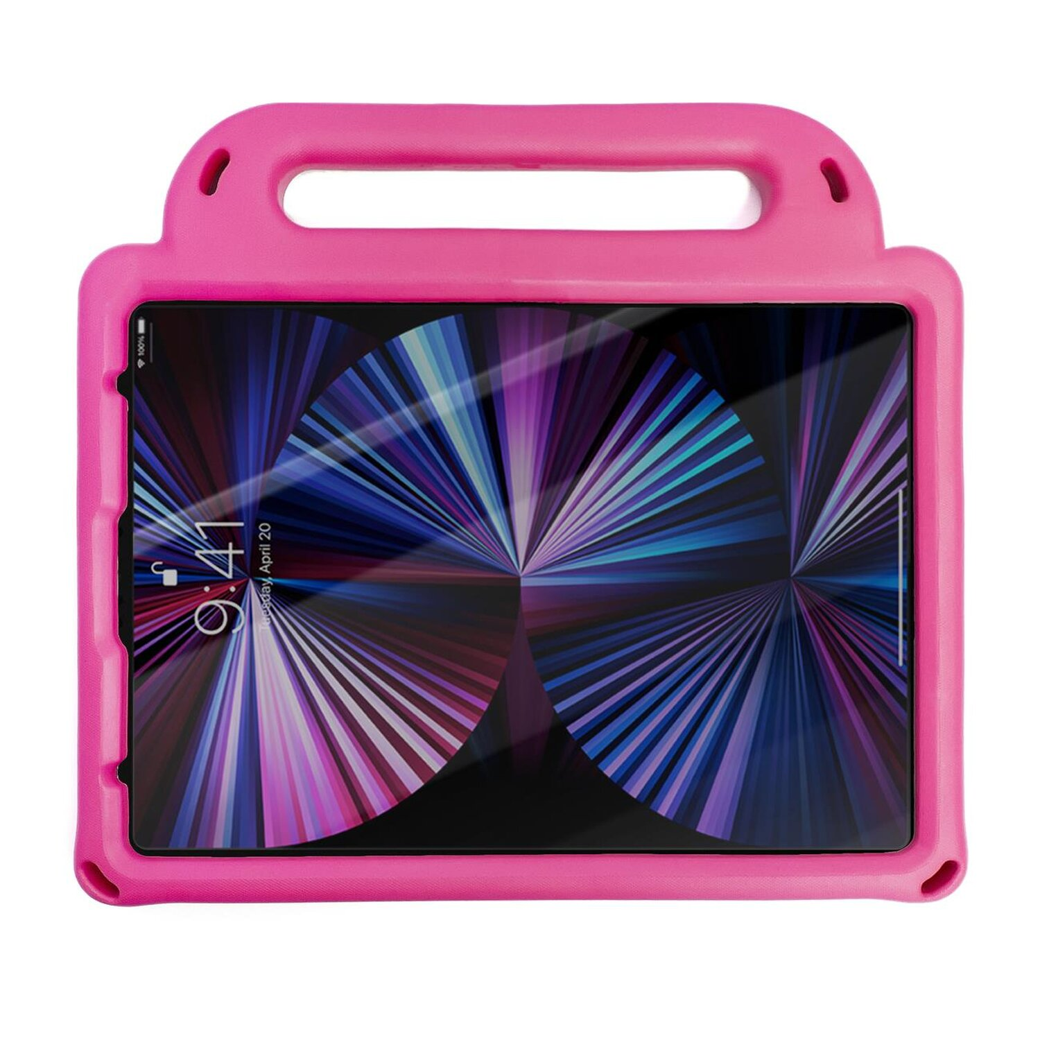 Rosa Tablet-Hülle mit Griff, hält ein Tablet mit farbenfrohem Bildschirm, weißer Hintergrund.