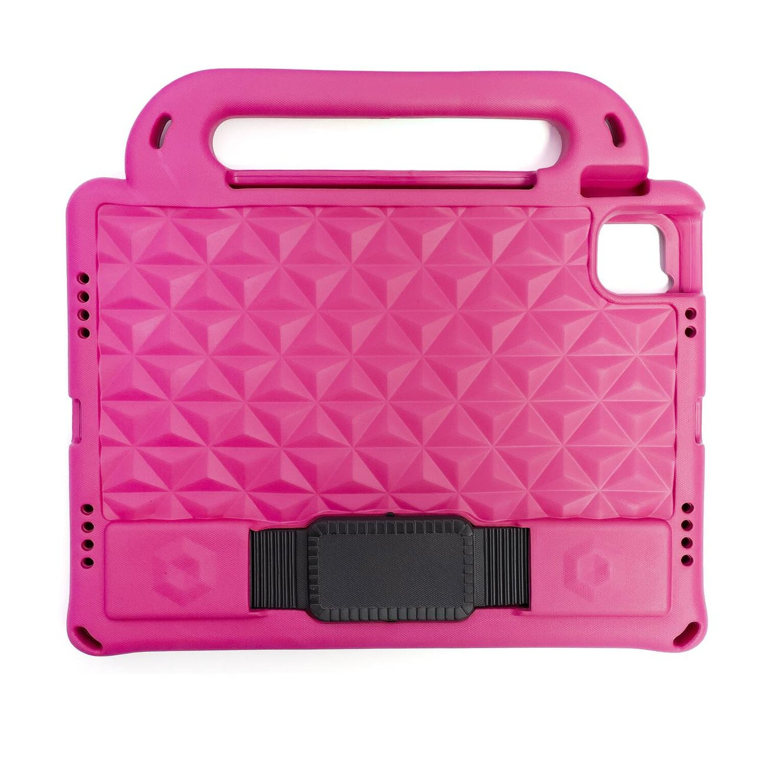 Pinke Tablethülle mit Griff und schwarzem Riemen, zeigt das strukturierte Rückendesign.