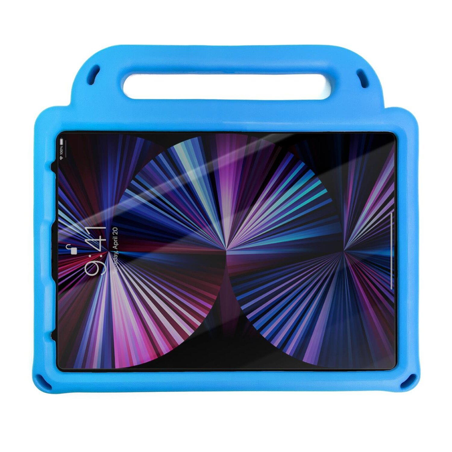 Blaue Tablethülle mit Tablet darin, das farbige Linien auf schwarzem Hintergrund anzeigt.