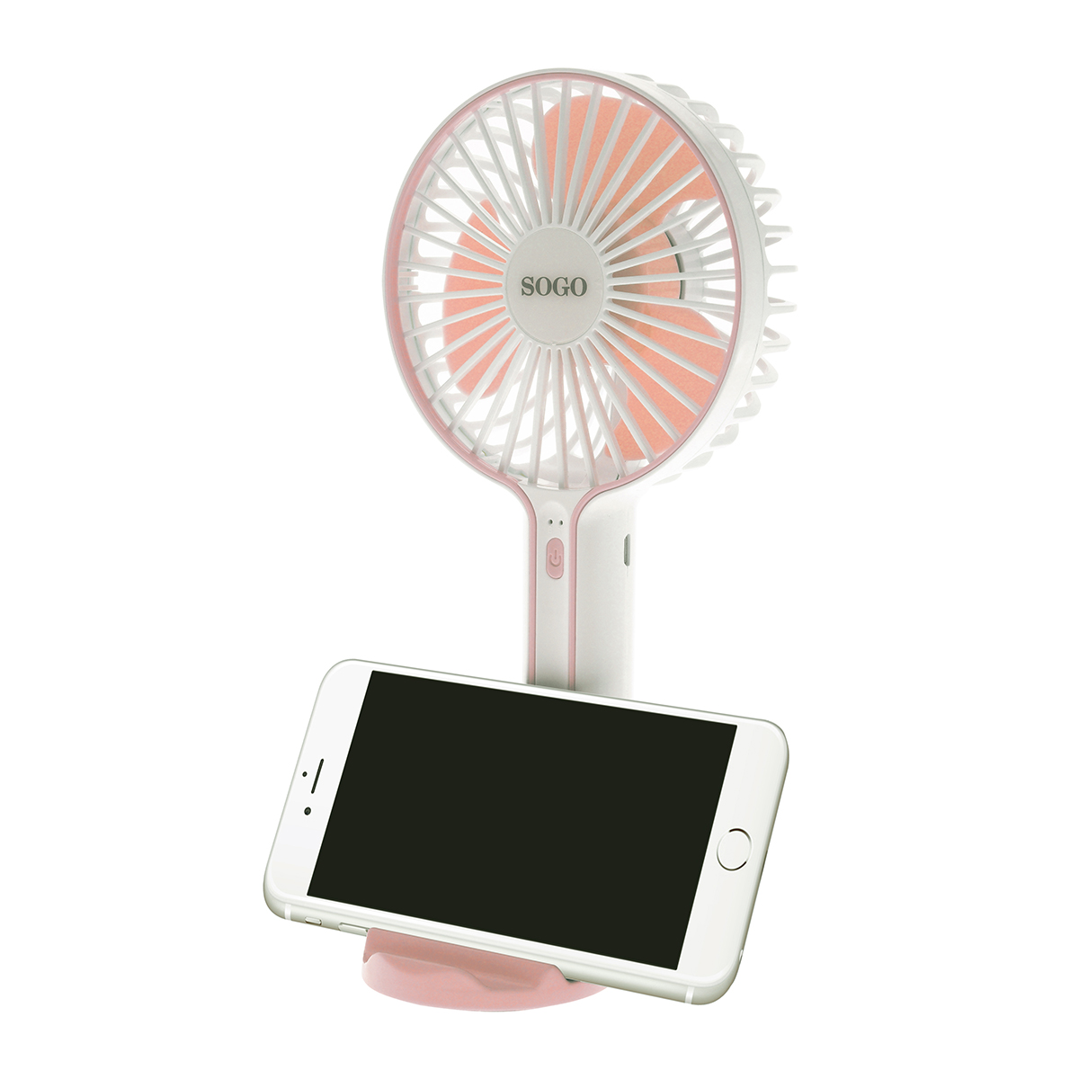 Ventilador portátil rosa y blanco con soporte, sosteniendo un teléfono con pantalla negra.