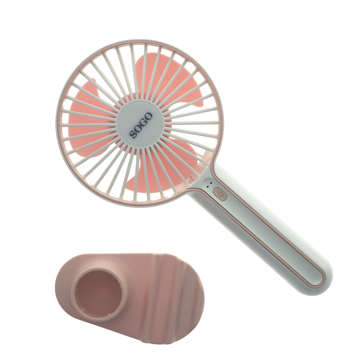 Ventilador de mano rosa y blanco y un soporte a juego sobre fondo blanco.