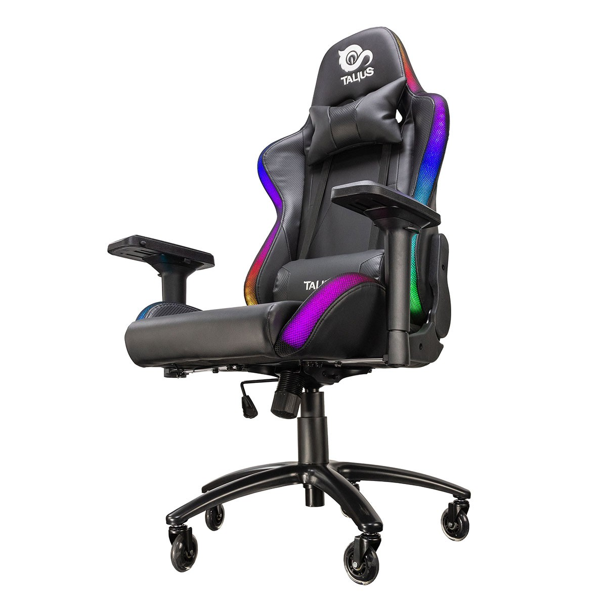 Una silla gamer negra con luces de colores. Tiene reposacabezas y reposabrazos.