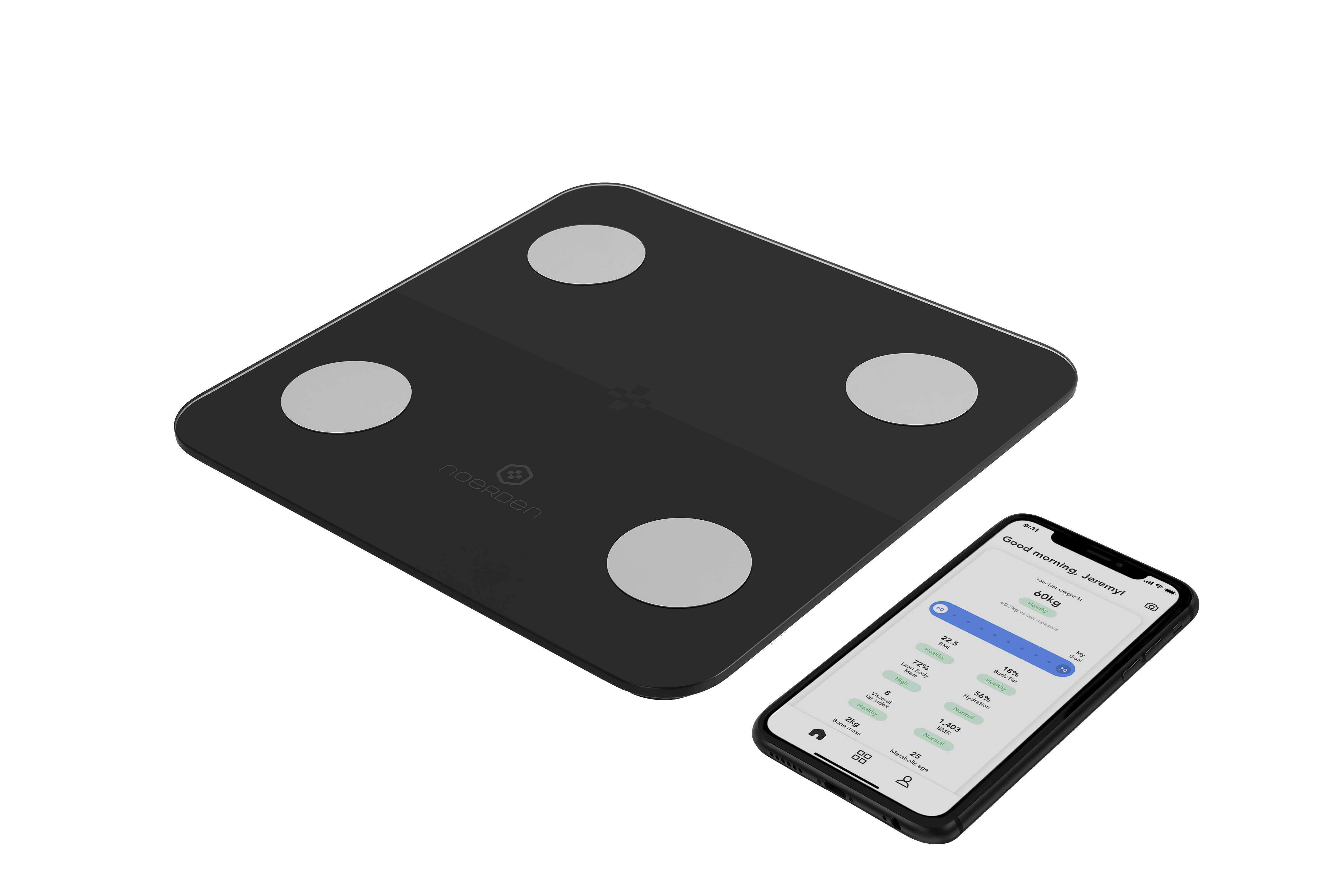Schwarze Digitalwaage mit Telefon, das Gewichtsdaten anzeigt. Weißer Hintergrund. Vier silberne Kreise auf der Waage.