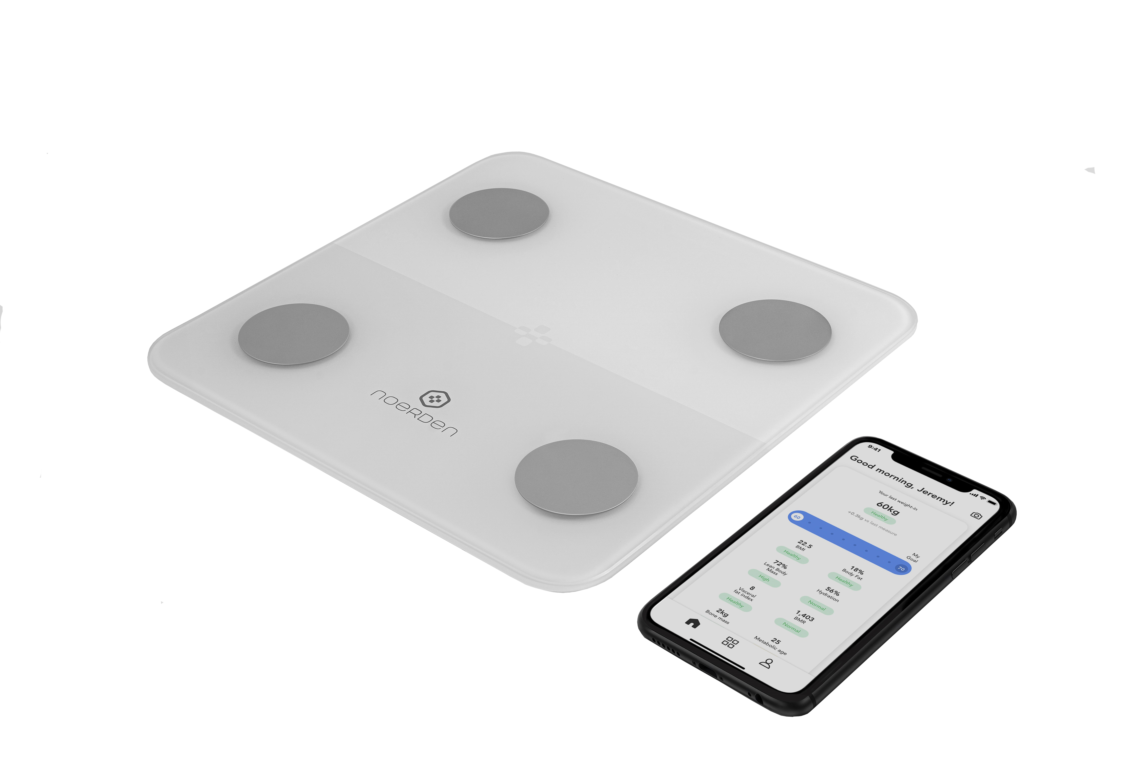 Weiße intelligente Waage mit vier silbernen Kreisen und einem Smartphone, das Körpermetriken anzeigt.