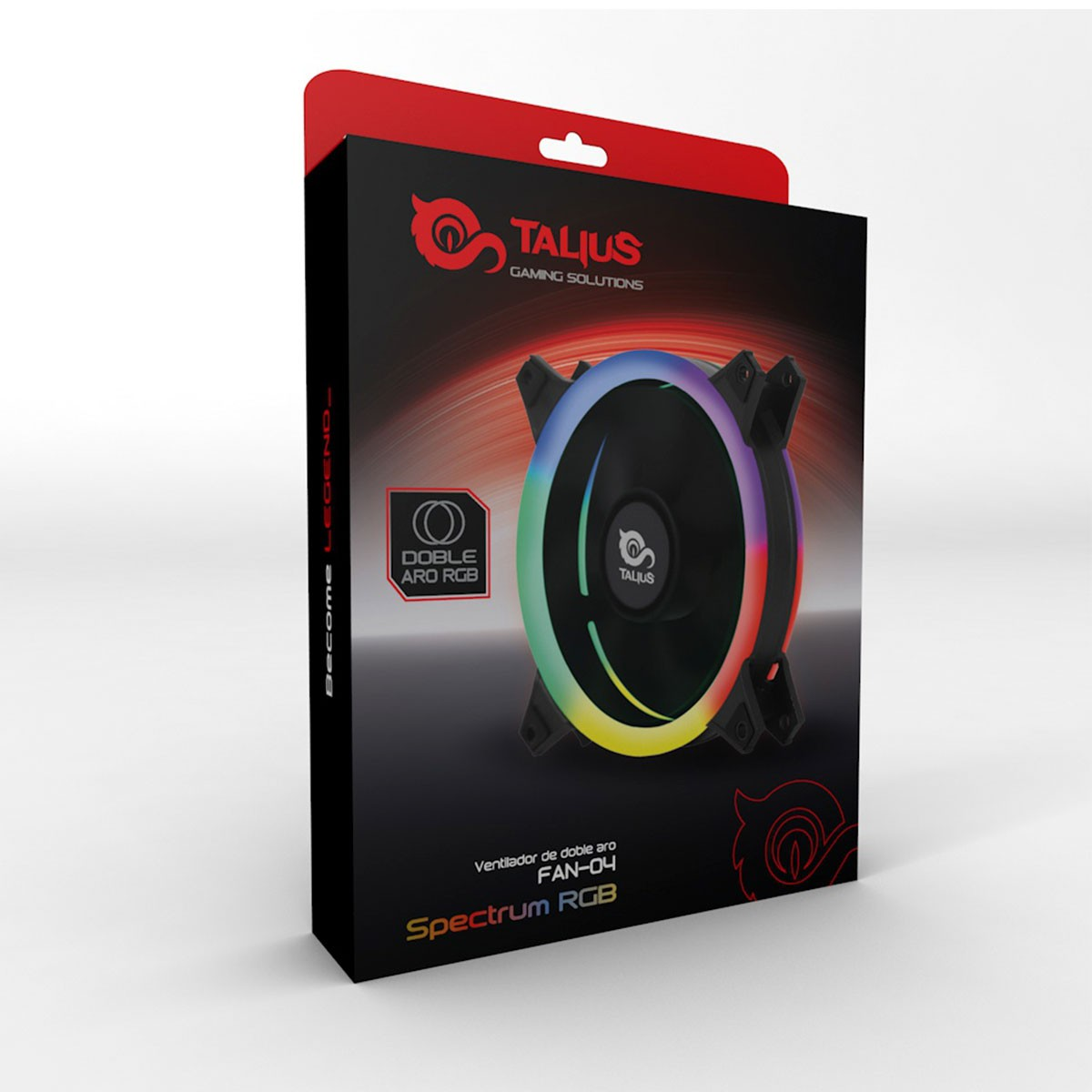 Black and colorful gaming fan box, 'TALIUS' logo and 'Spectrum RGB'.
